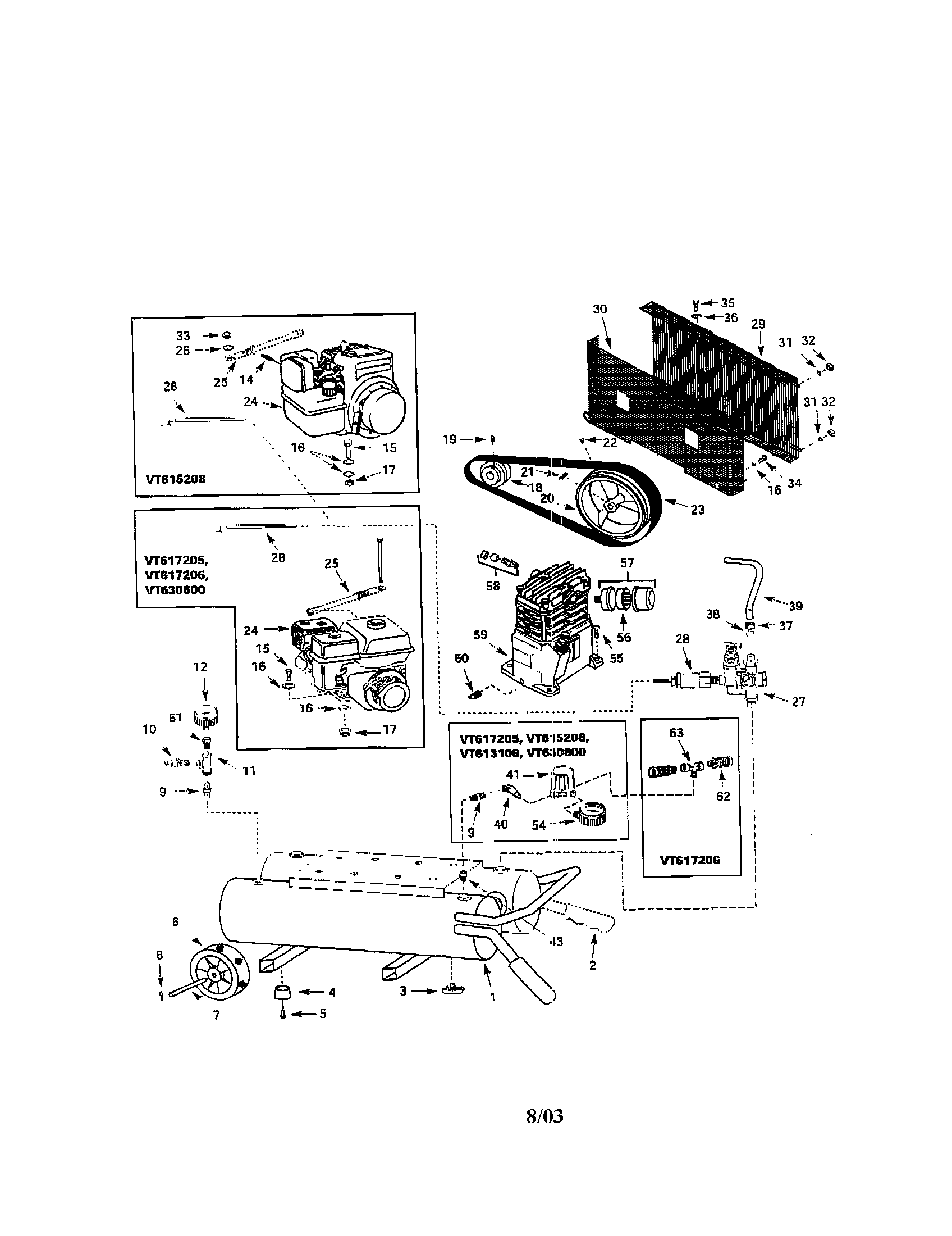 Campbell Hausfeld VT630600 engine/axle/belt/pump diagram