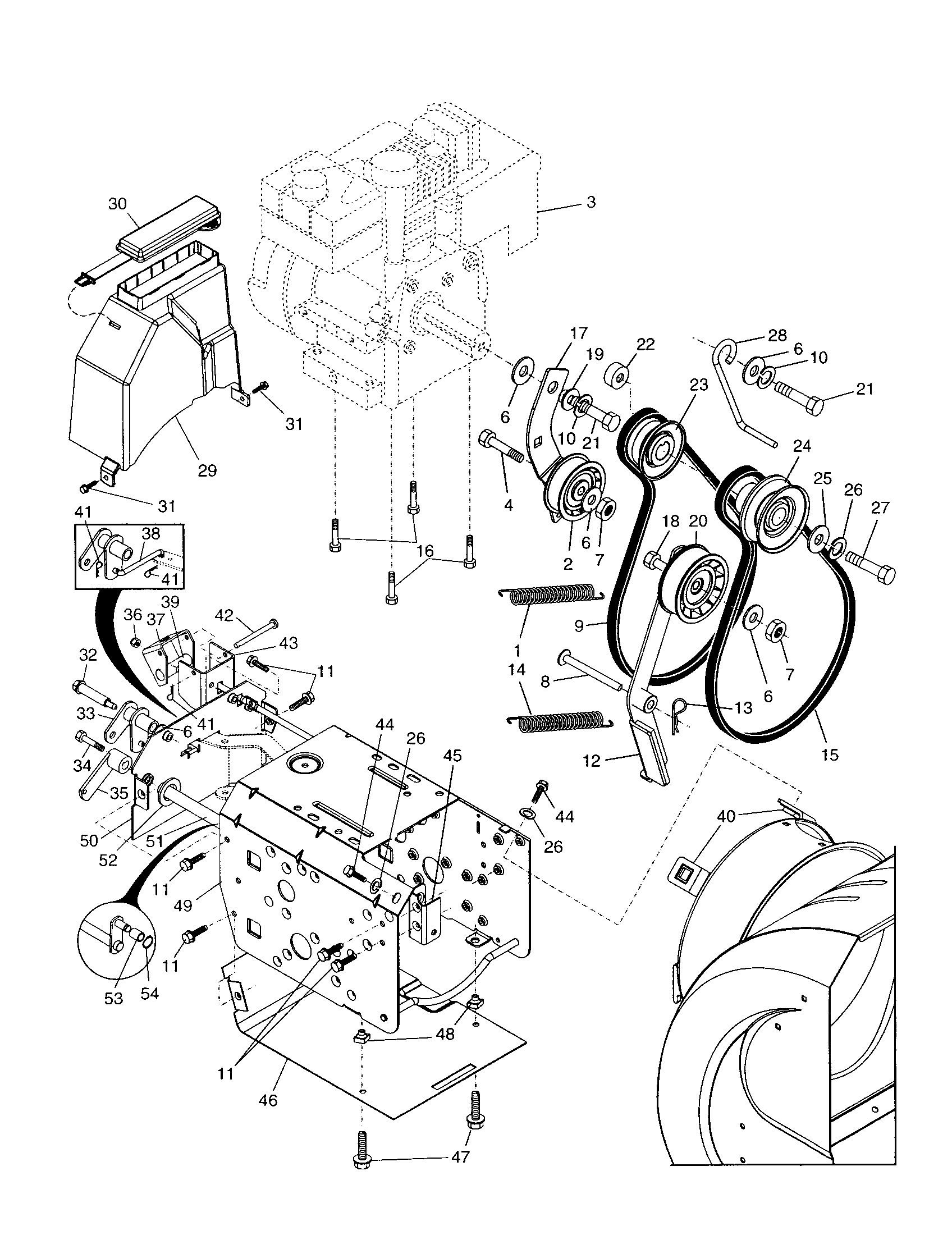 Poulan PP5524ESB chassis/engine/pulleys diagram