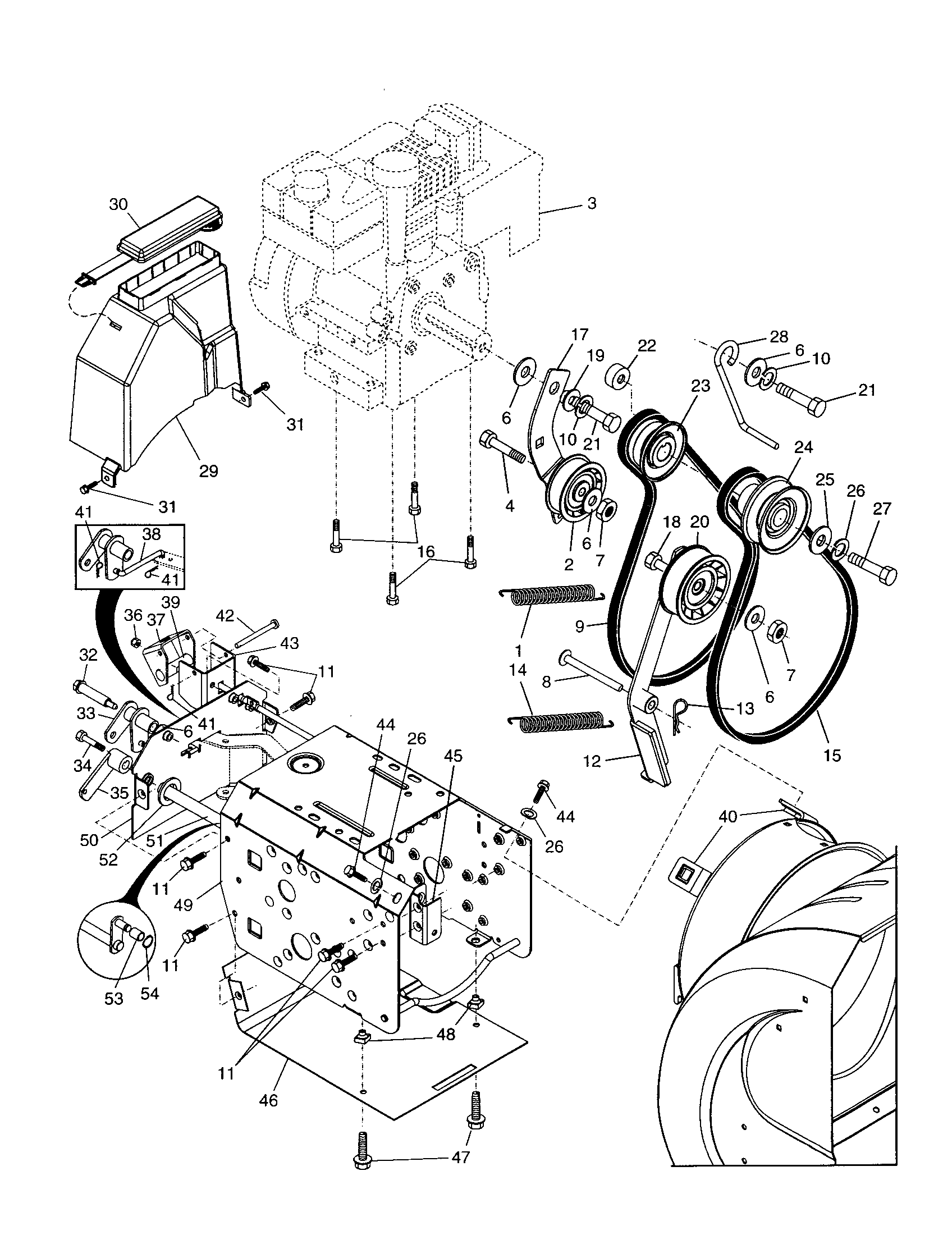 Poulan PP524A chassis/engine/pulleys diagram