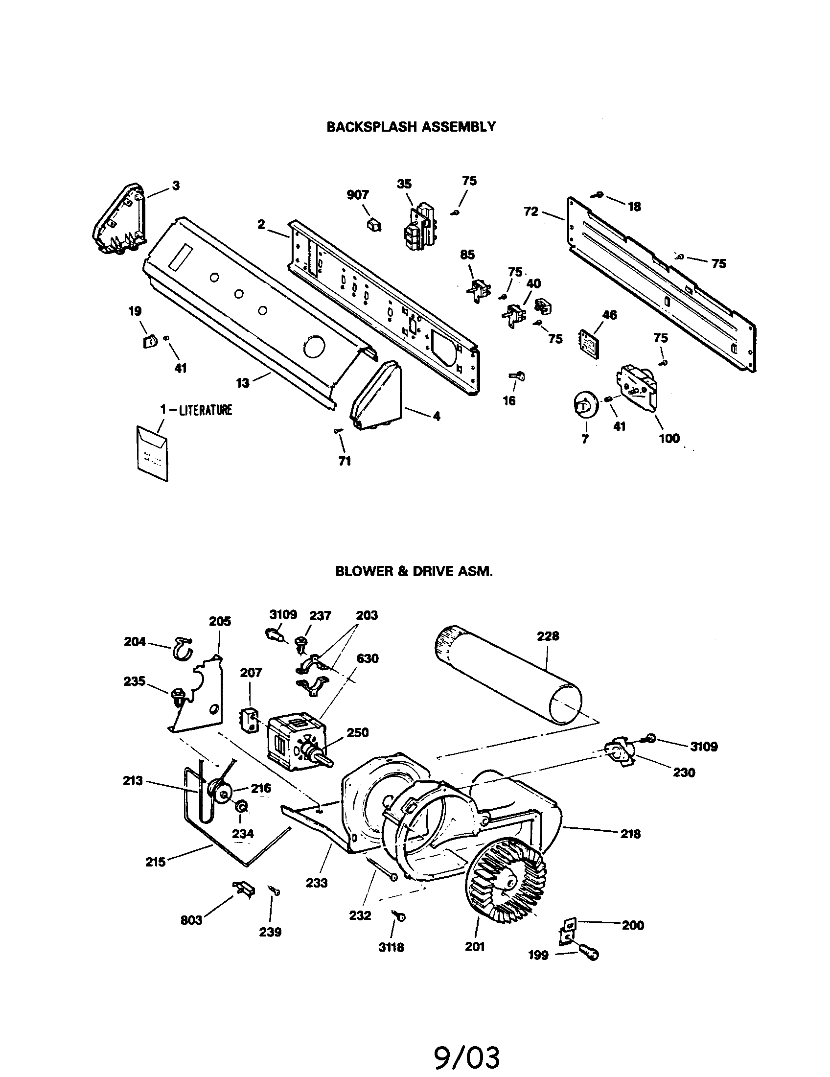 GE DDG8580RAM backsplash/blower/drive diagram
