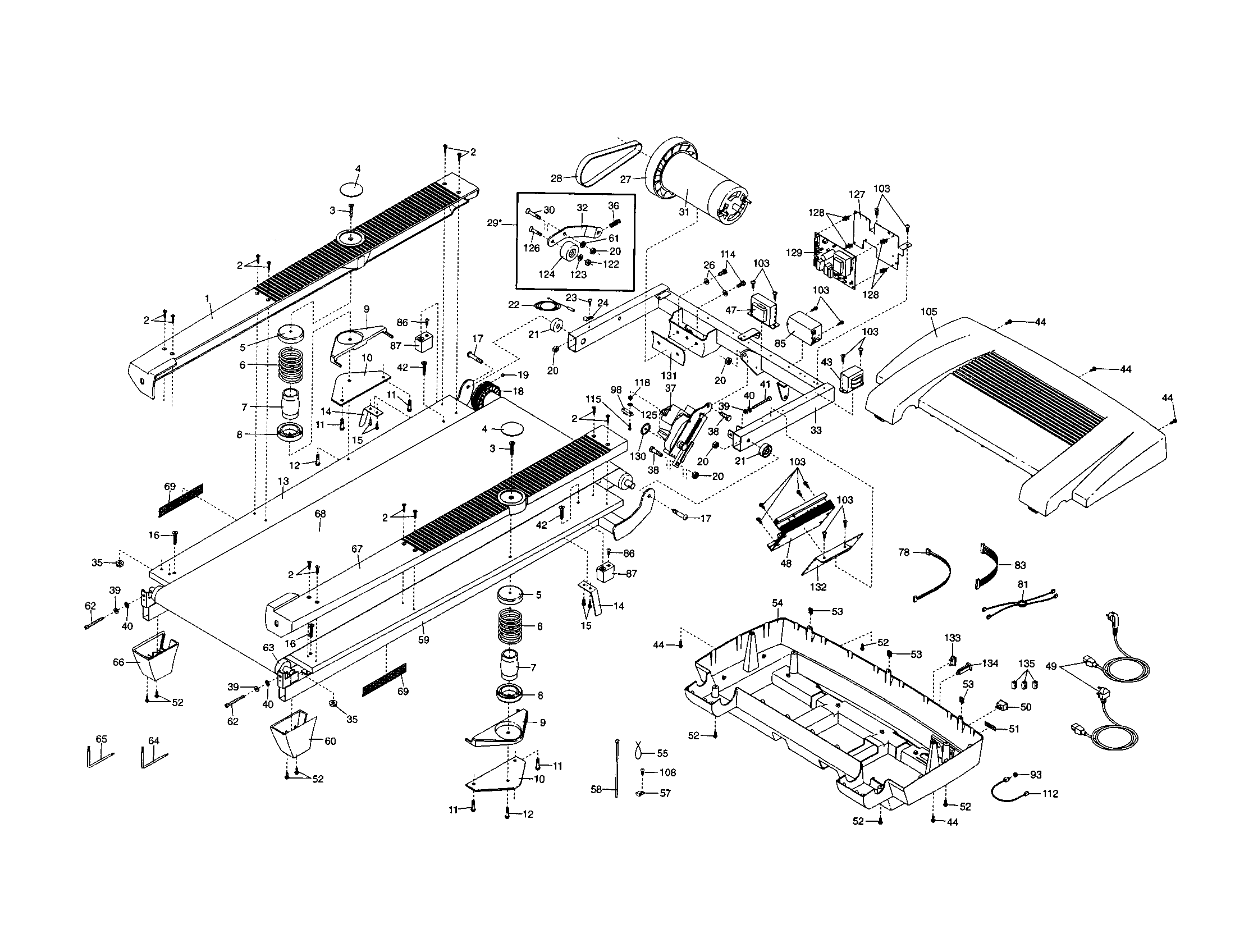 Proform PETL75130 walking belt/motor/hood diagram