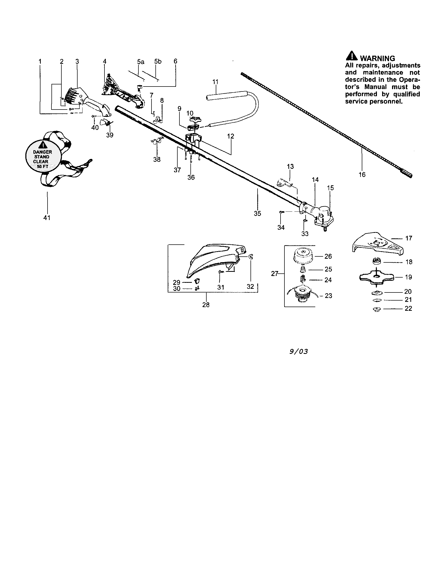 Poulan S31BC driveshaft/handle/throttle housing diagram