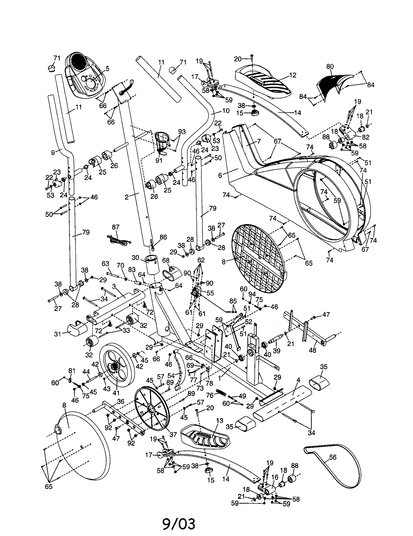 Proform PFEL39030 cosole/wheel/frame/handlebar diagram