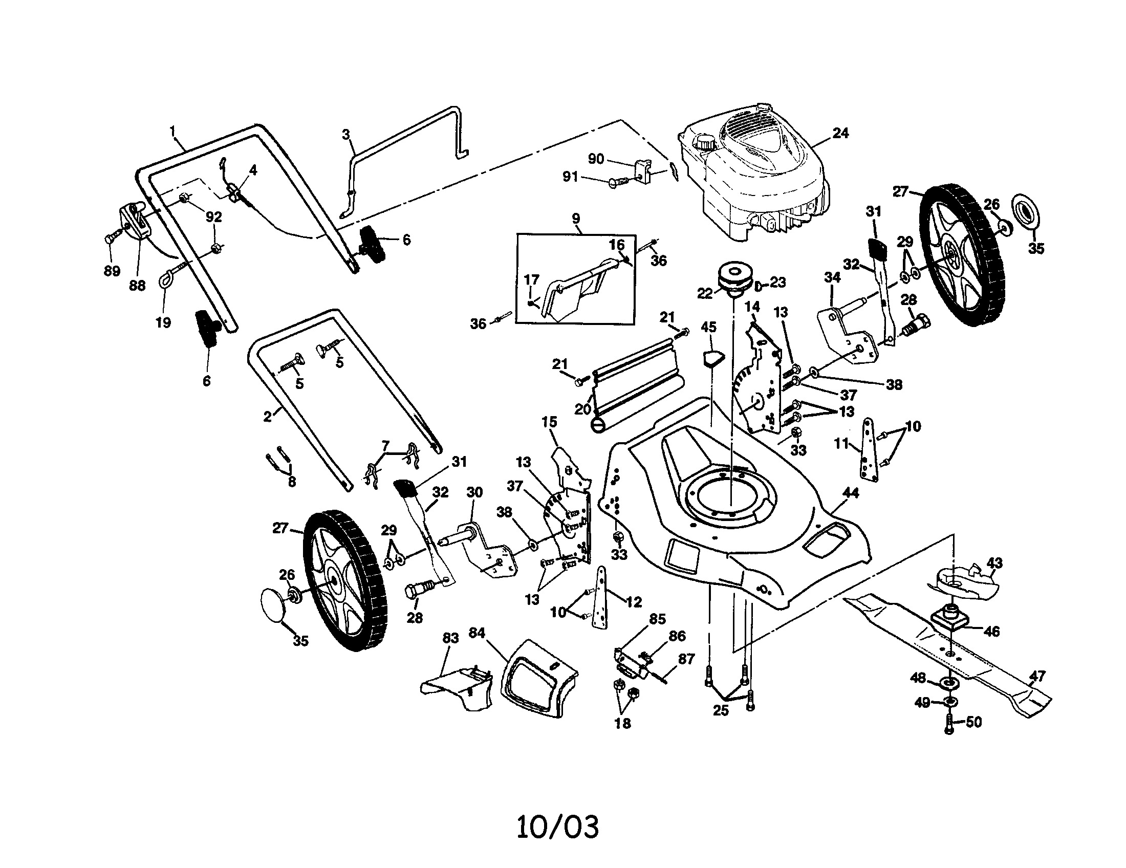 Poulan PR675Y21CHA engine/housing/handle diagram