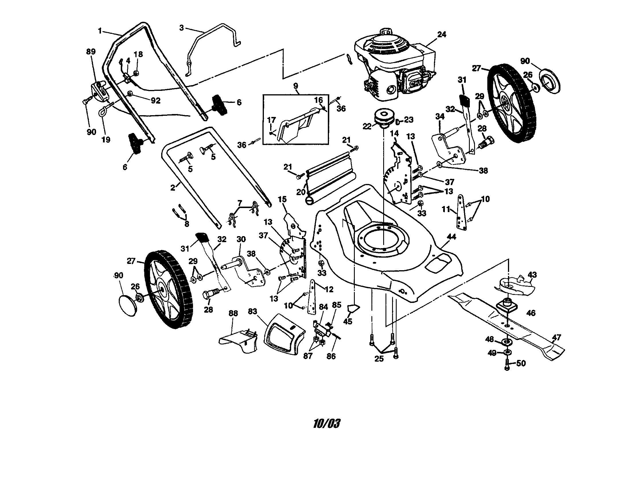 Poulan PR55Y21CHA engine/housing/wheels/handle diagram