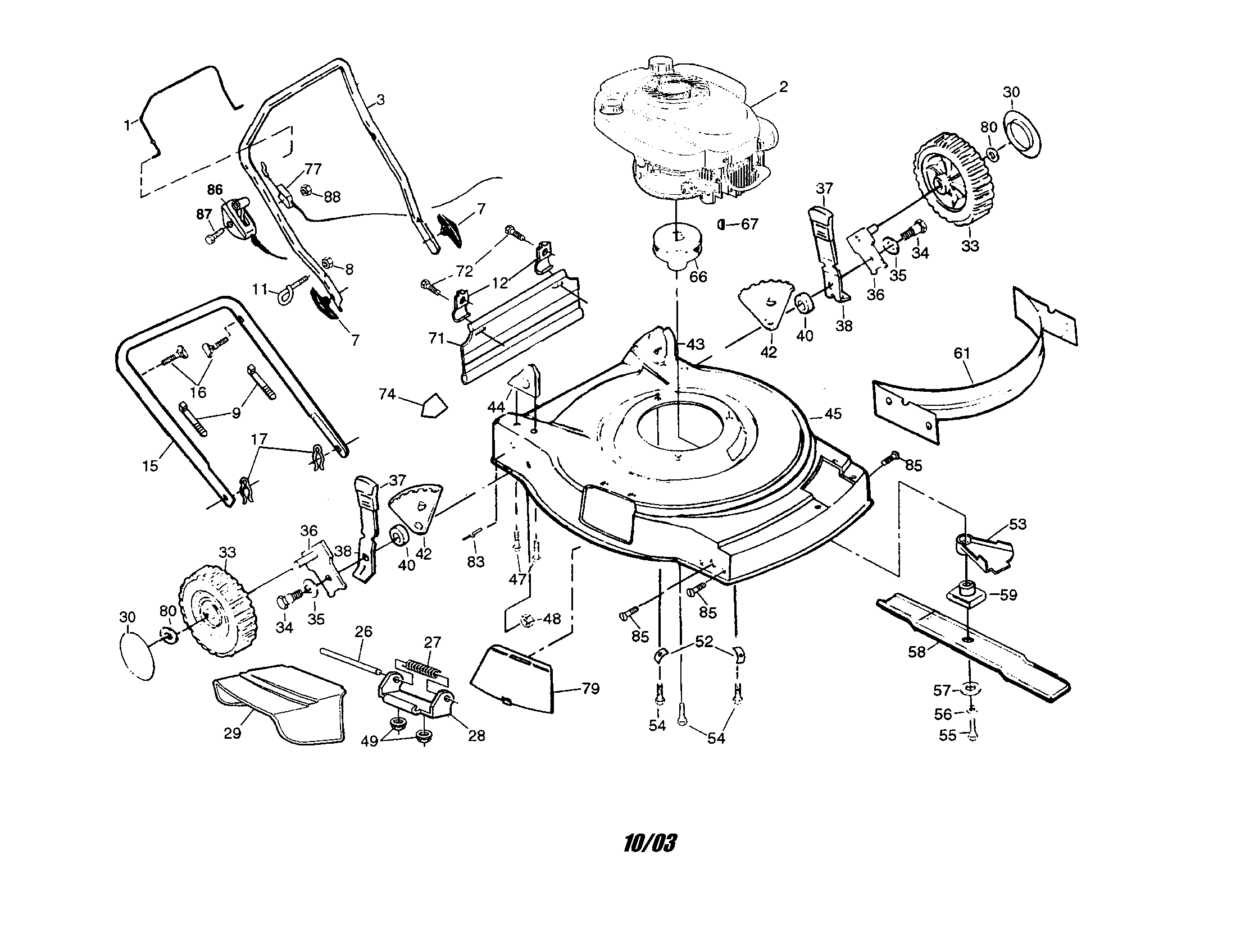 Weed Eater WE5TY22SE engine/housing/handle/wheels diagram