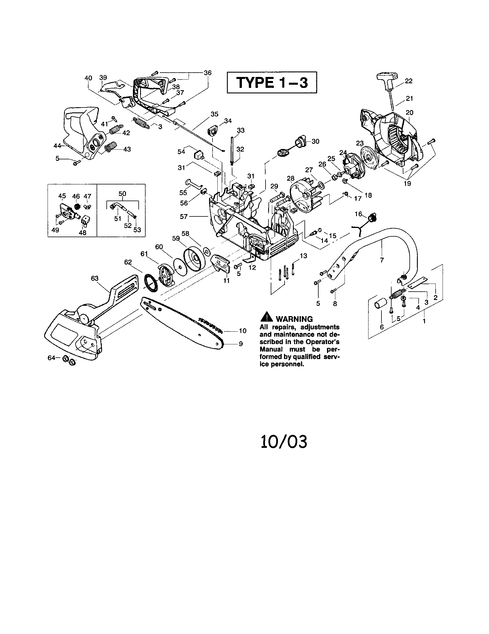 Poulan 220 TYPE 1-3 (RECON) chassis/bar/chain/flywheel diagram