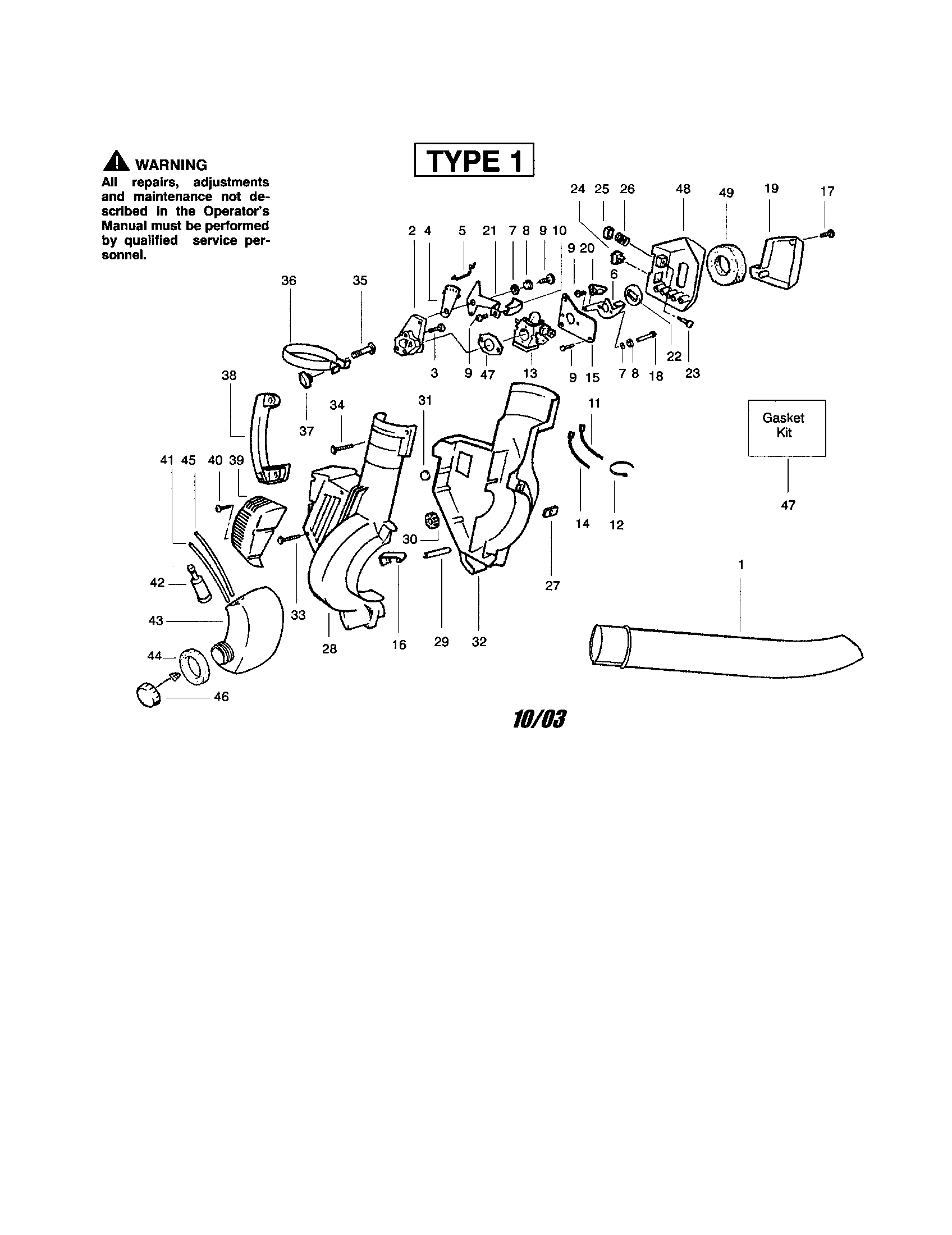 Weed Eater BV1800-TYPE 1 blower tube/housing diagram