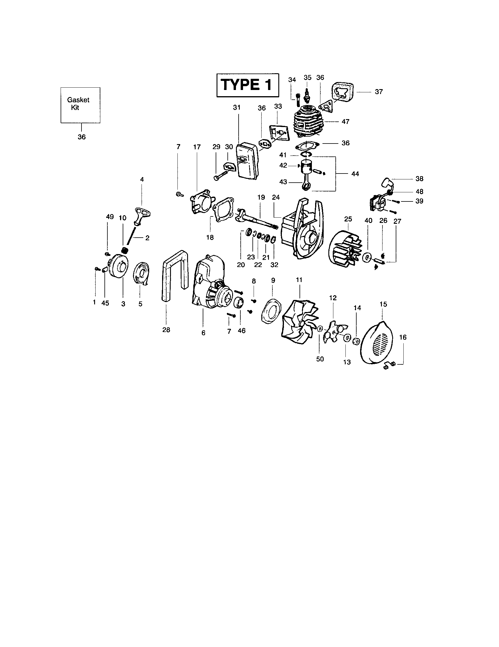 Weed Eater BV1800-TYPE 1 cylinder/crankcase/crankshaft diagram