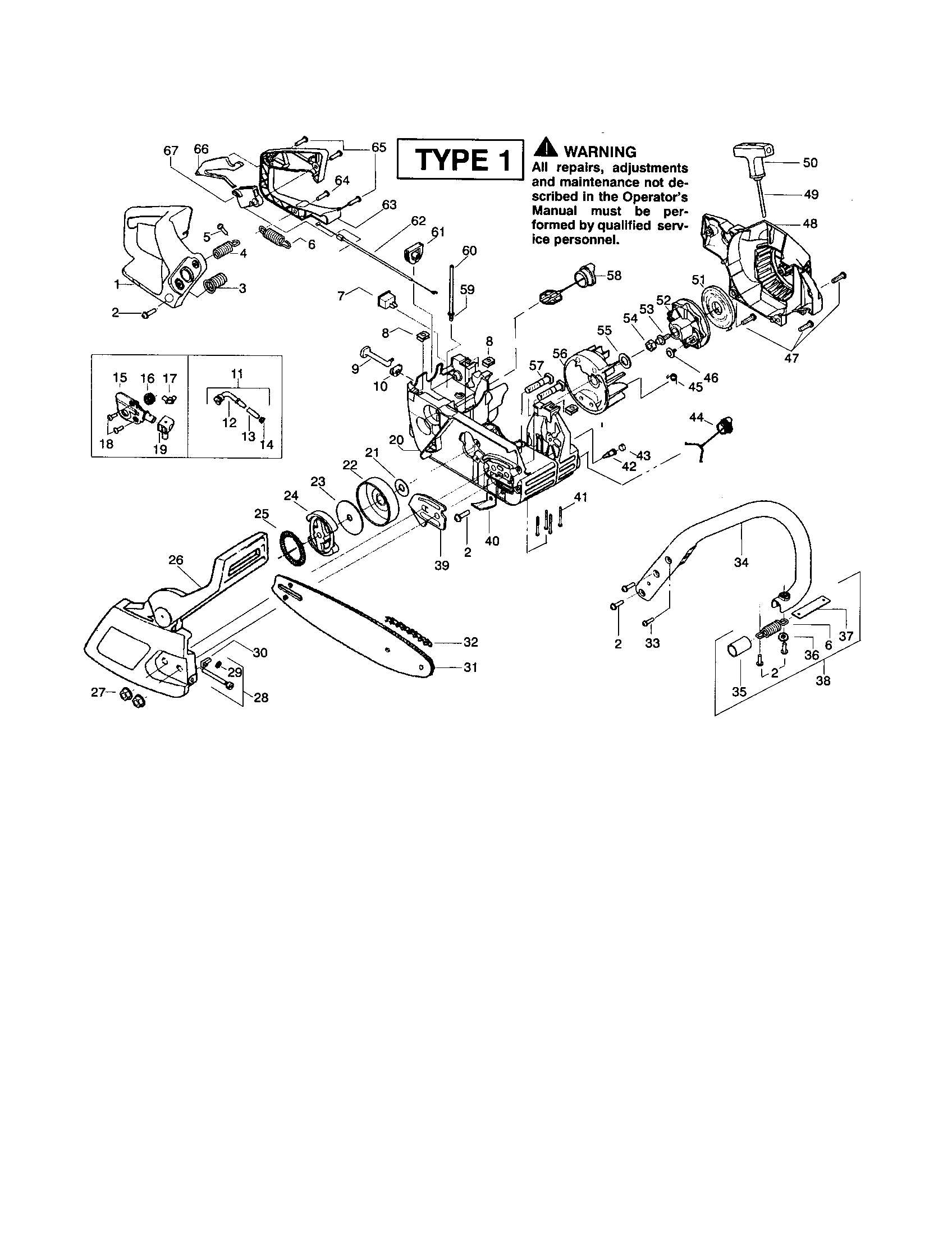 Poulan 260 TYPE 1 (RECON) chassis/chain/bar/housing diagram