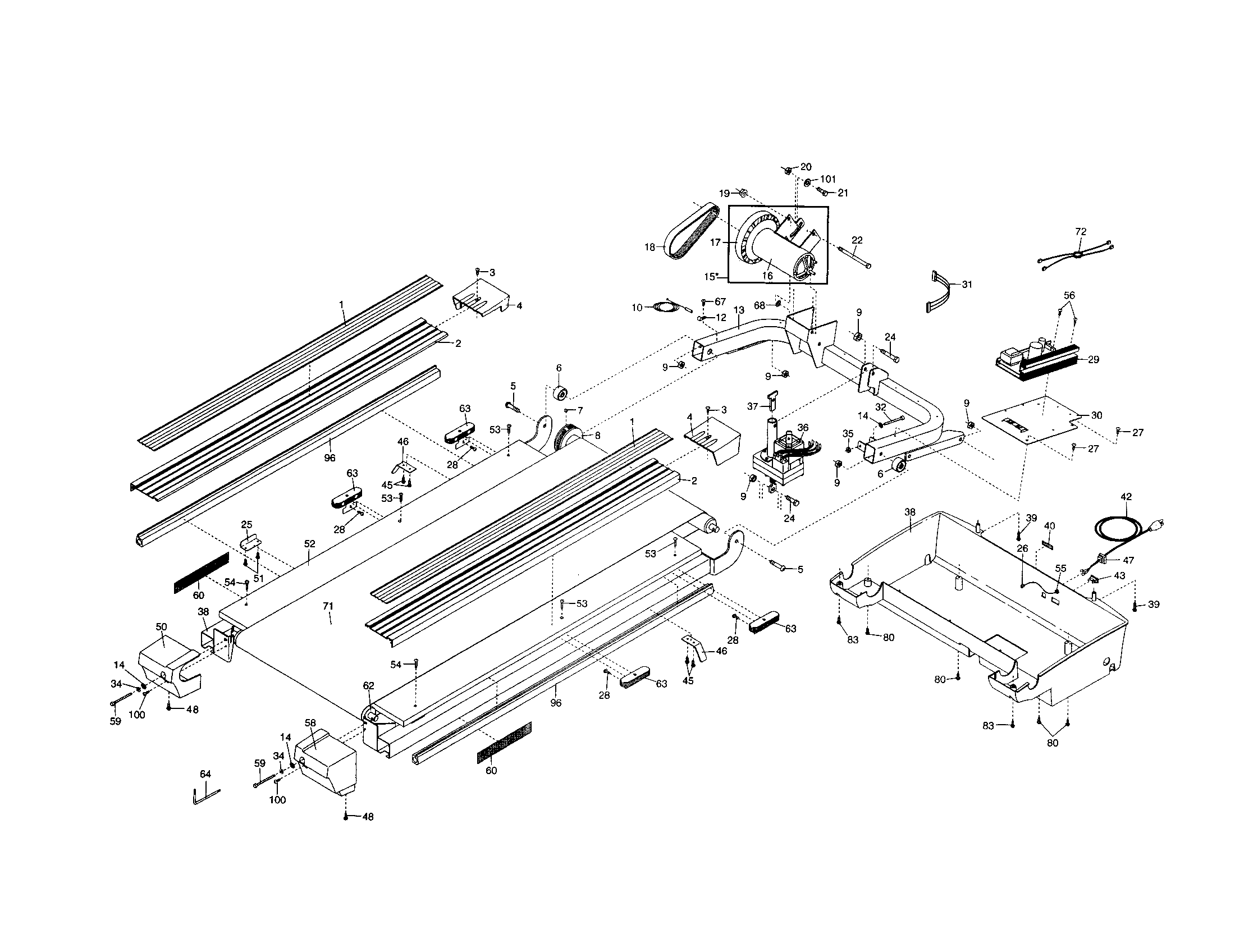 Proform PFTL71230 motor/frame/belly pan/rails diagram