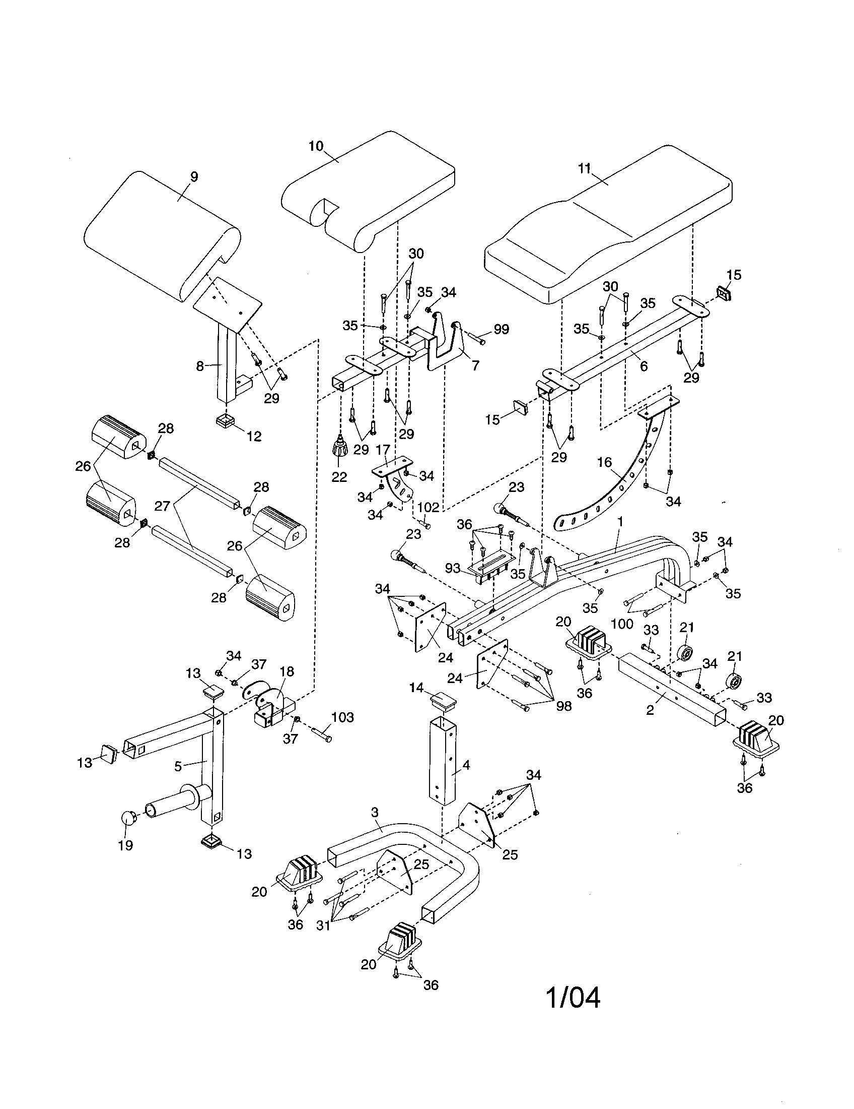Weider WEBE37331 backrest/seat/frame diagram