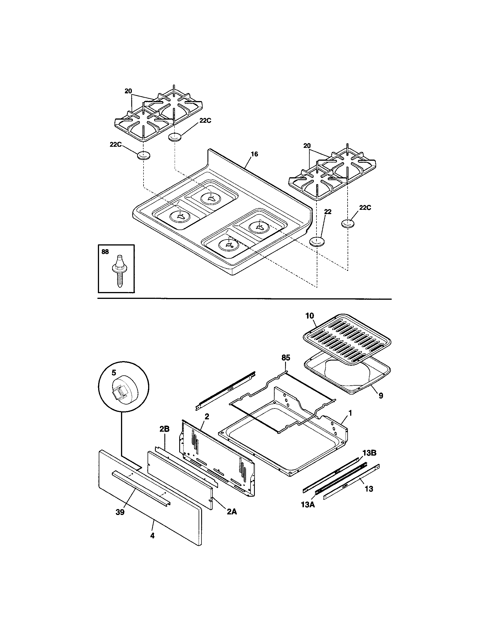 Tappan TGF336AWF top/drawer diagram