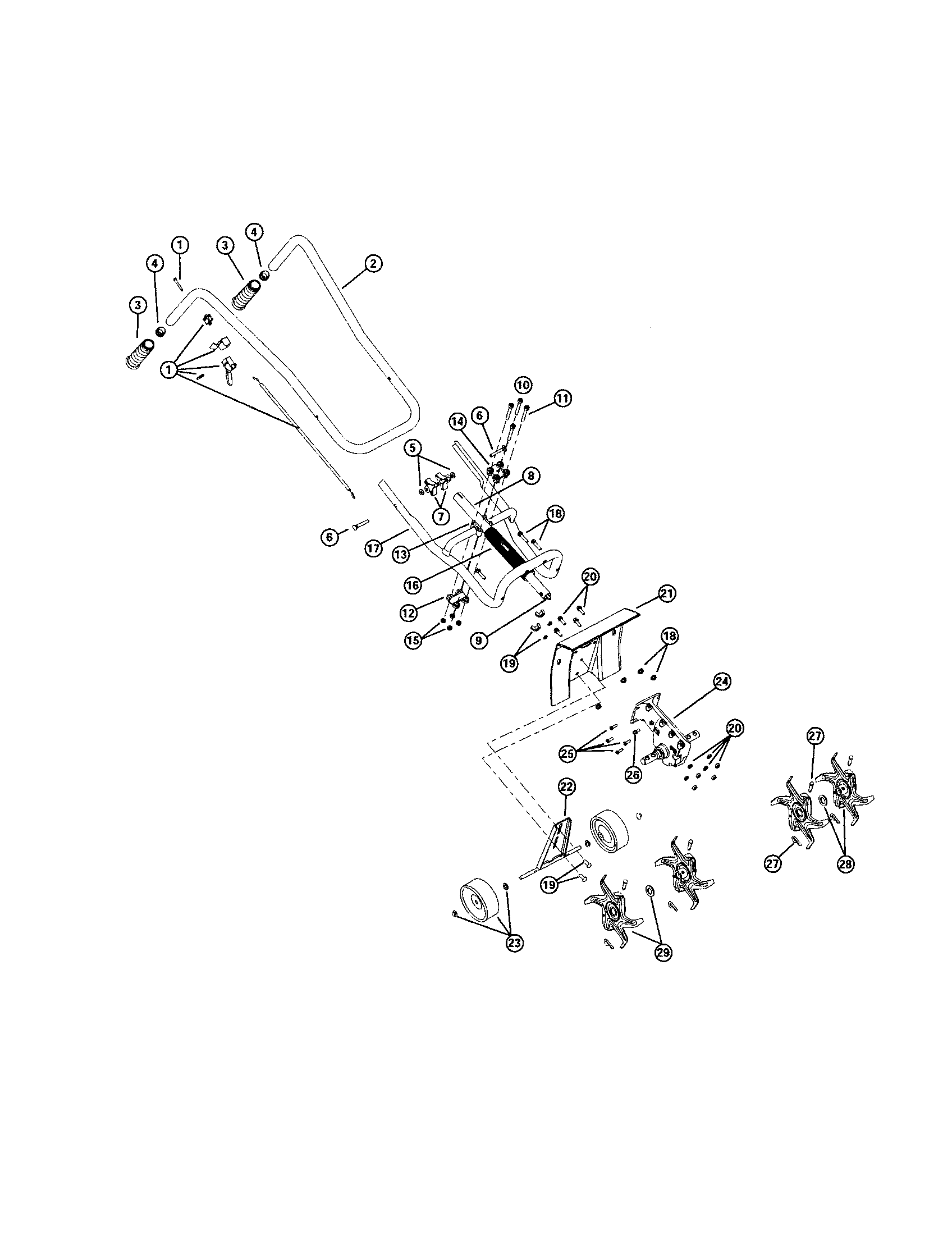 Bolens BL410 handle bar/tine assembly/gear box diagram
