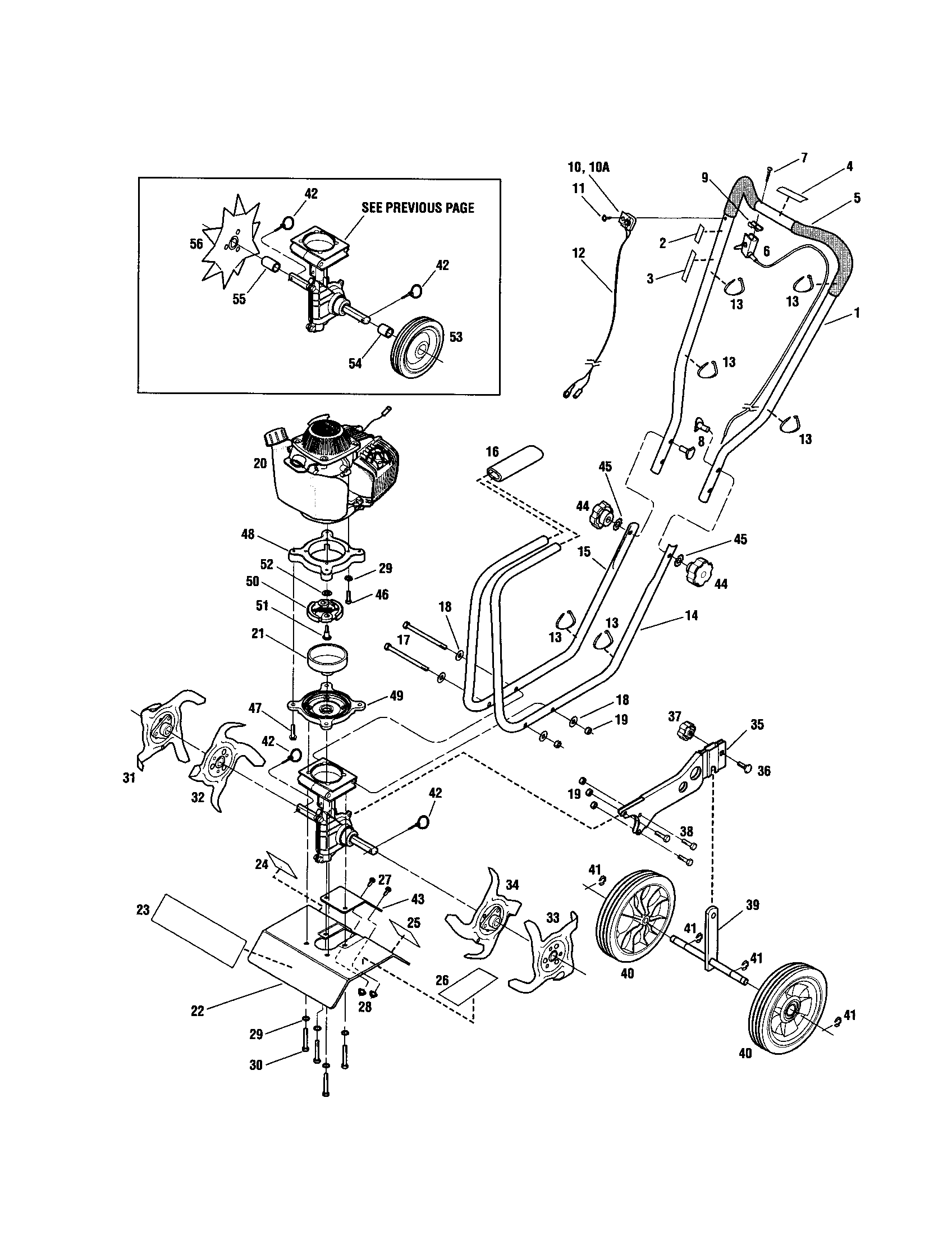 Troybilt 148H engine/outer tine/handles diagram