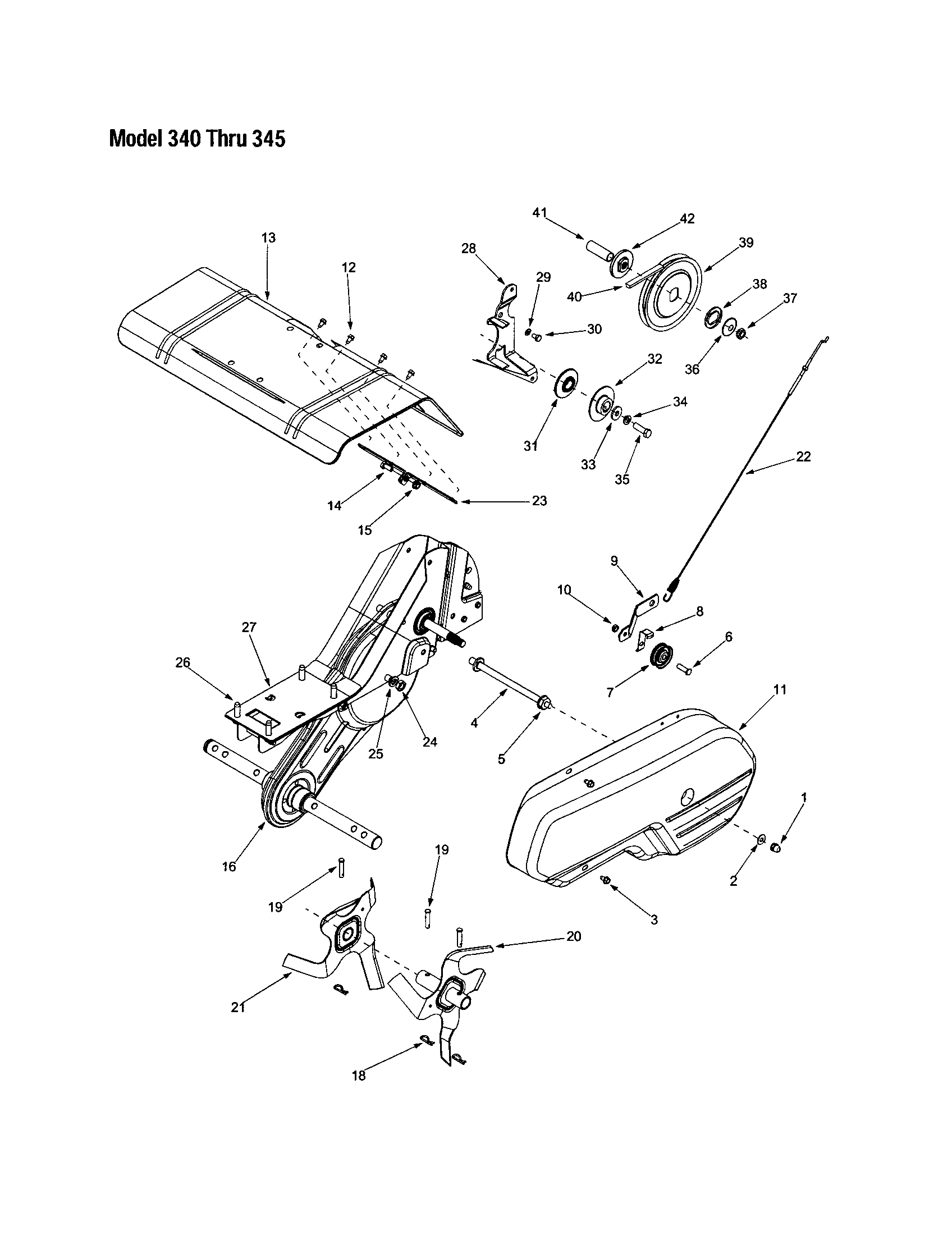 MTD 340 THRU 390 inner and outer tine/v-belt/shield diagram