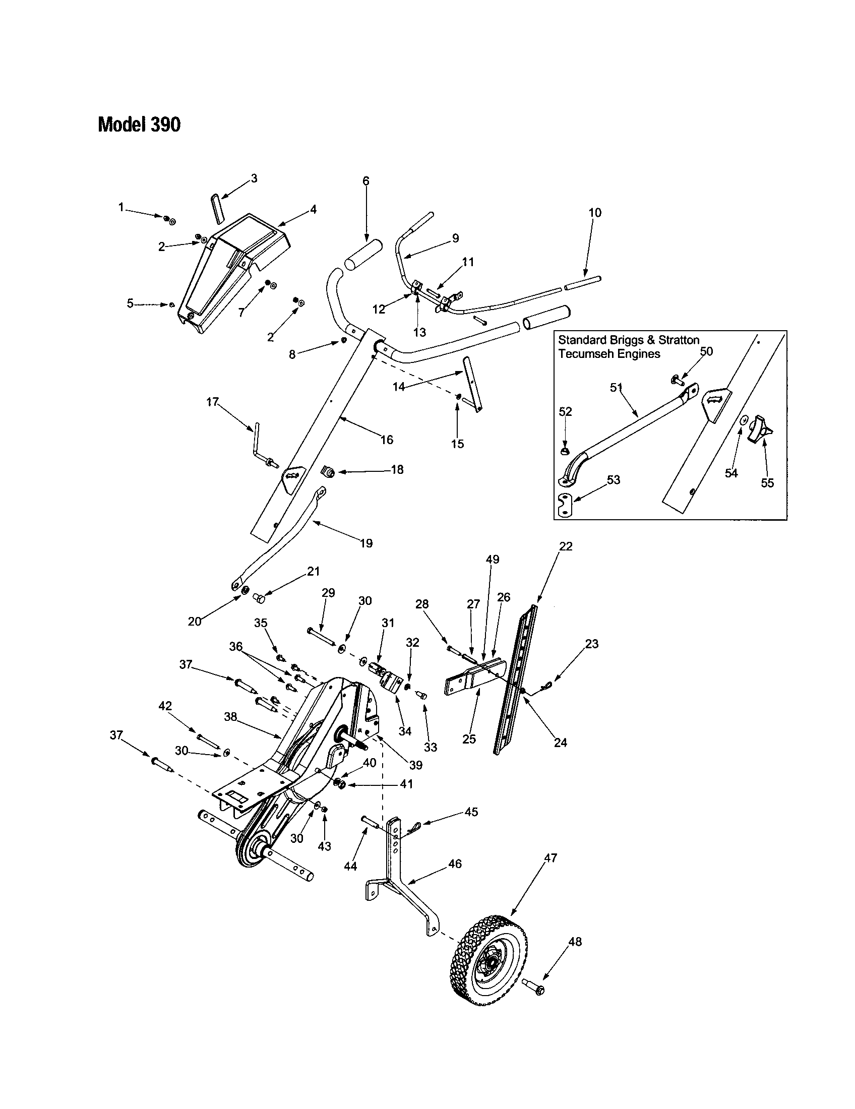 MTD 340 THRU 390 handle/frame/wheel diagram