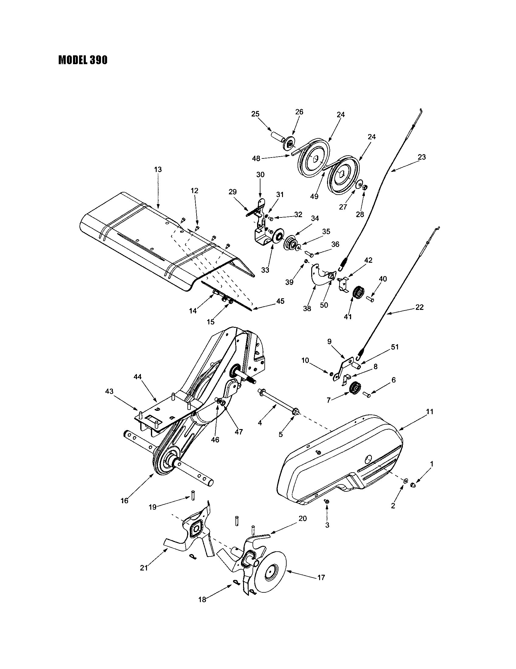 MTD 340 THRU 390 inner and outer tine/shield/v-belt diagram