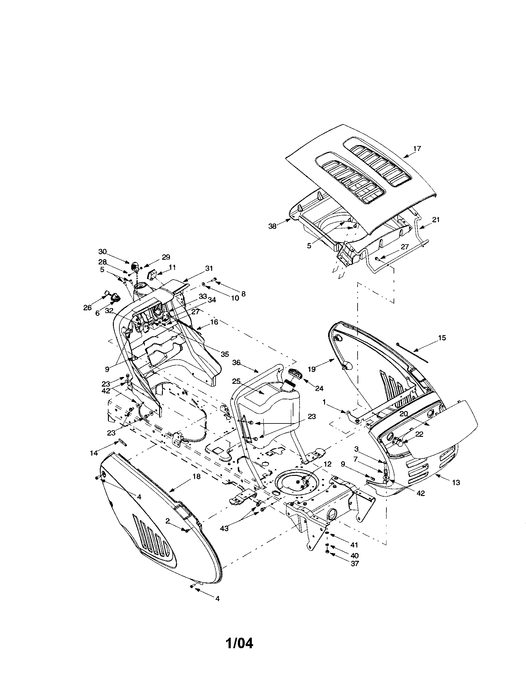 Troybilt X609G hood/fuel tank/side panels diagram