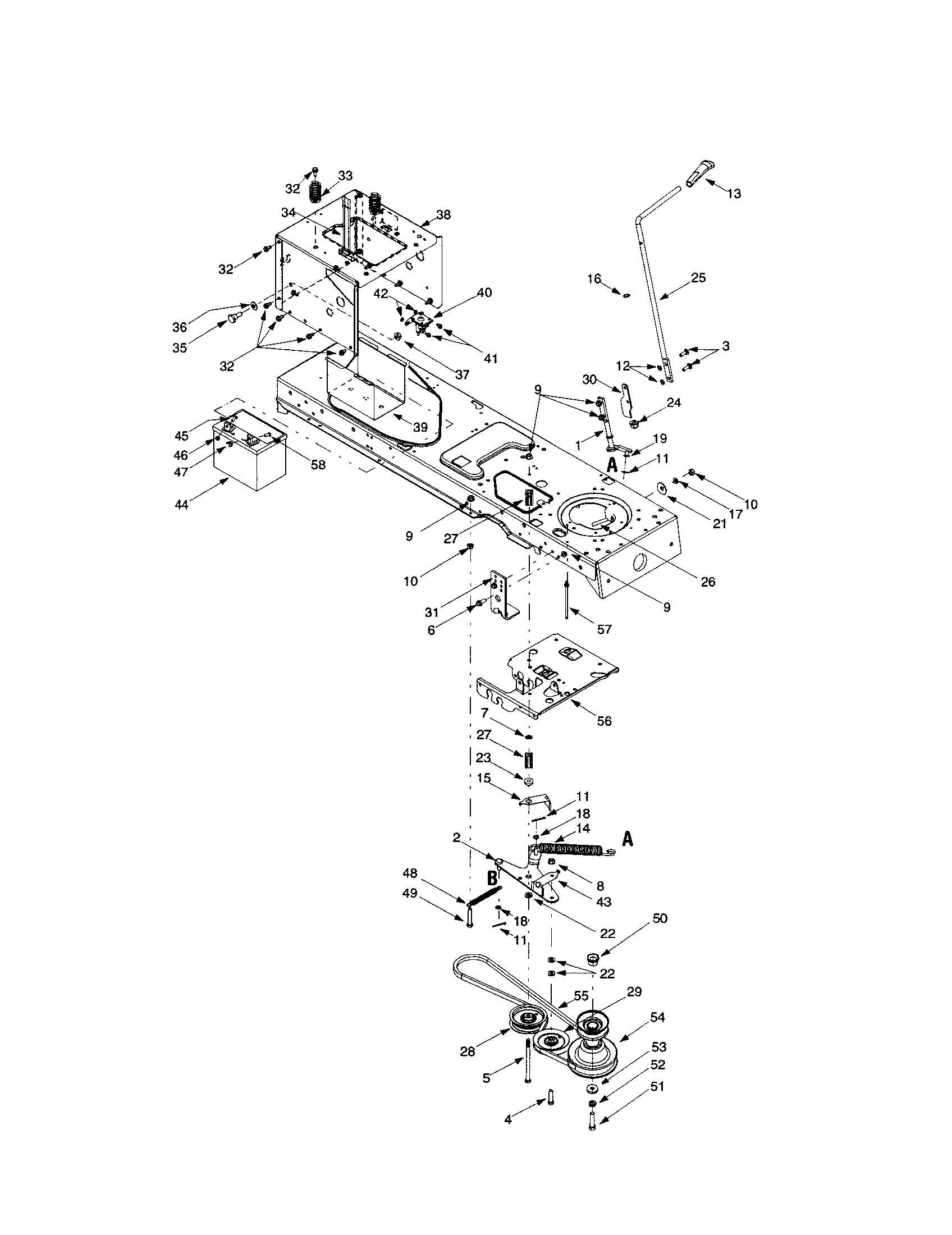 Troybilt X609G frame/pto engage lever/idler pulley diagram