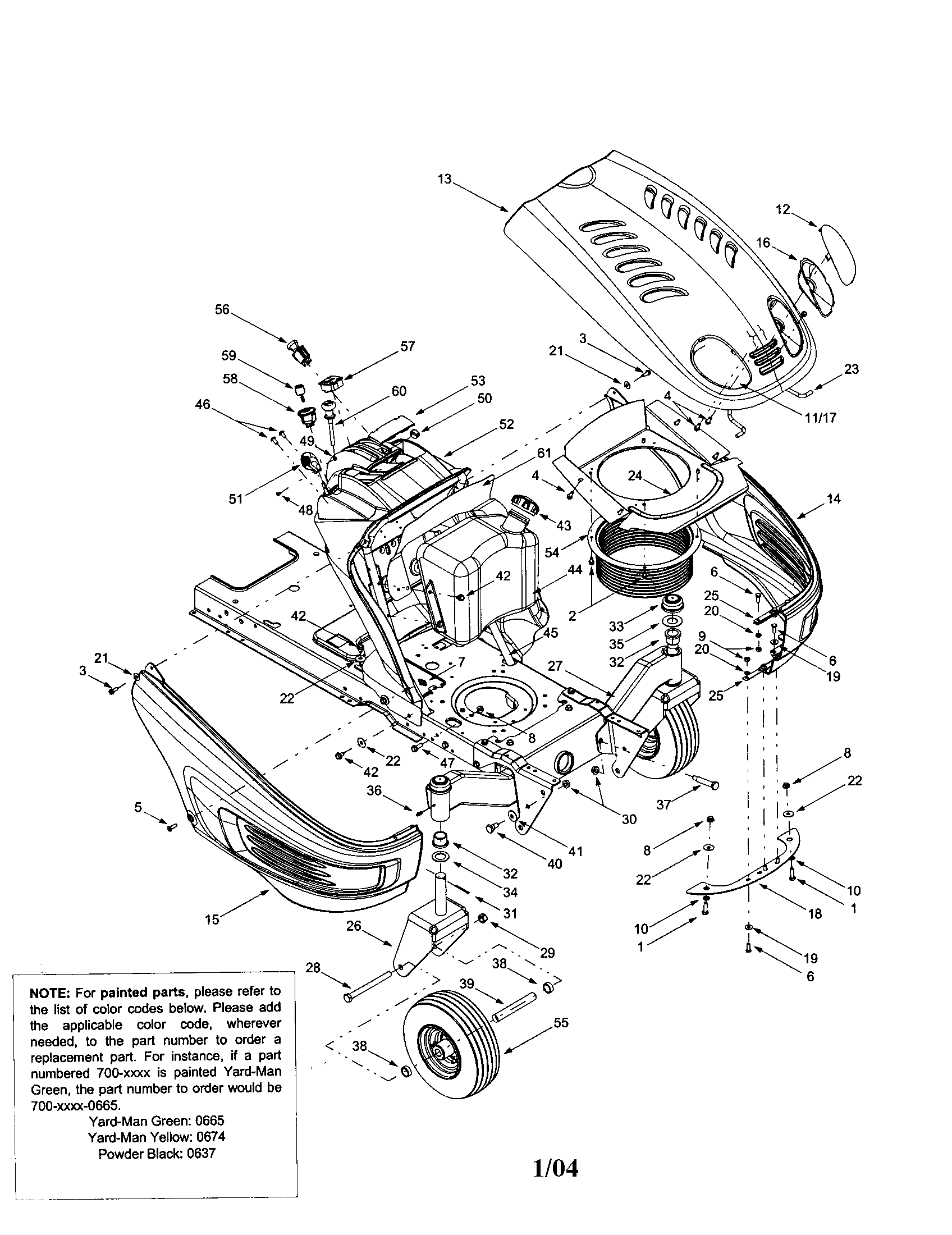 MTD 13AD624G401 hood/ignition/wheels diagram
