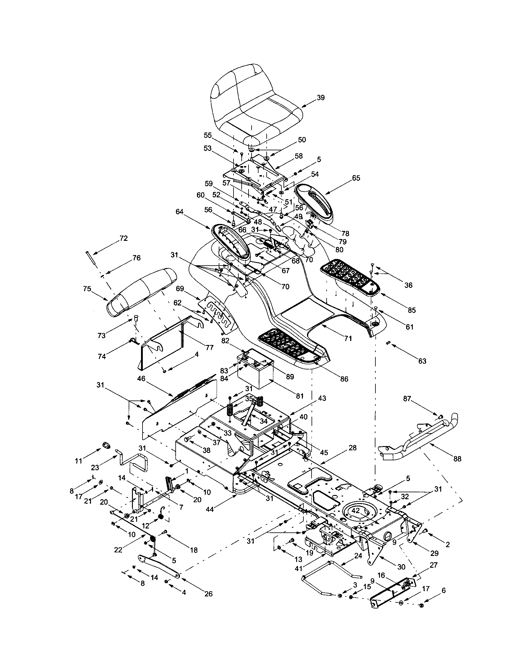 MTD 13AD624G401 lift shaft/seat/frame/battery diagram