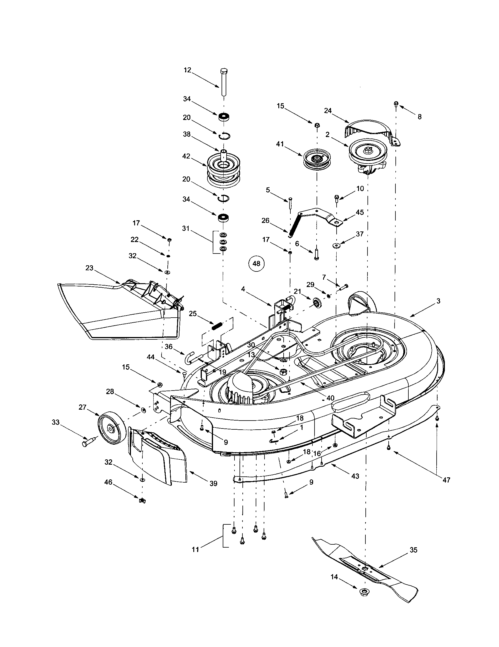 MTD 13AD624G401 42" deck/spindle/chute/blade diagram