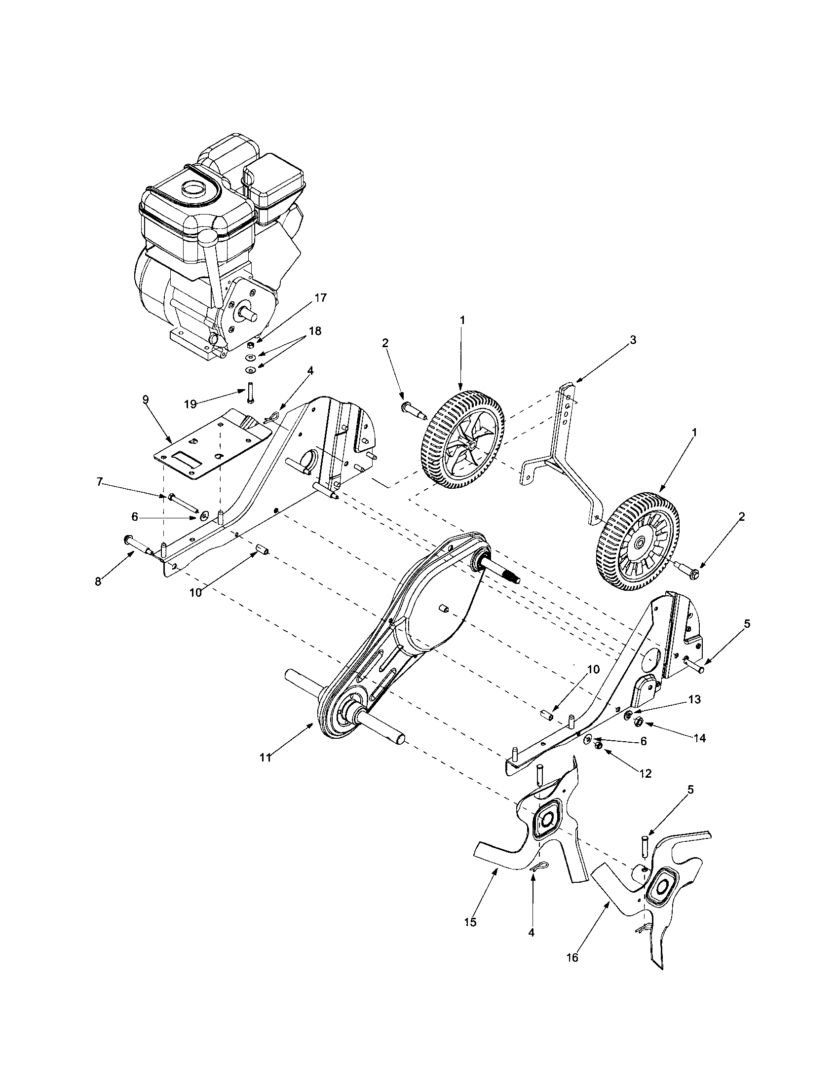 Bolens 21A-332C163 wheels/chain case/tines diagram