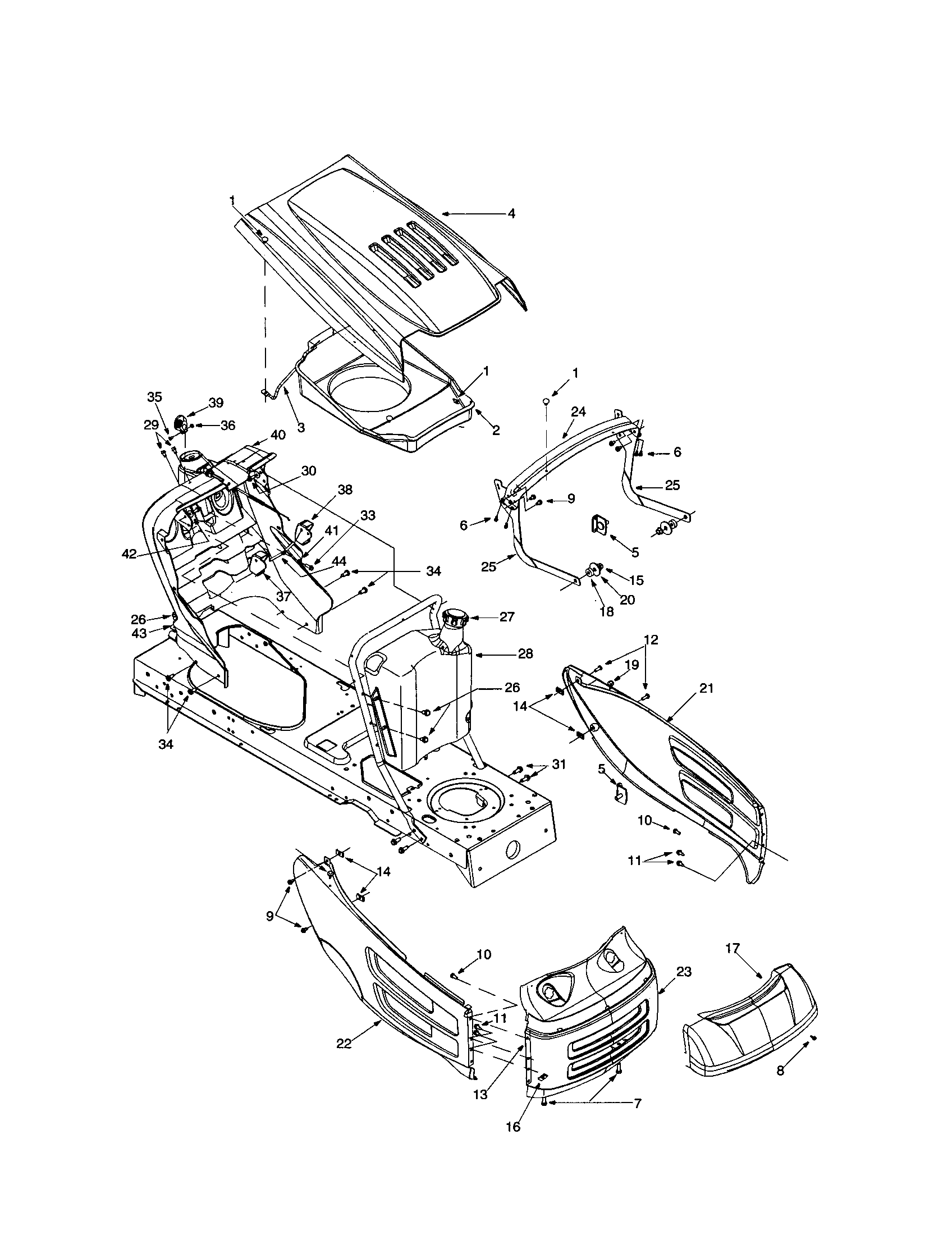 Bolens G808H hood shield/hood/fuel tank diagram