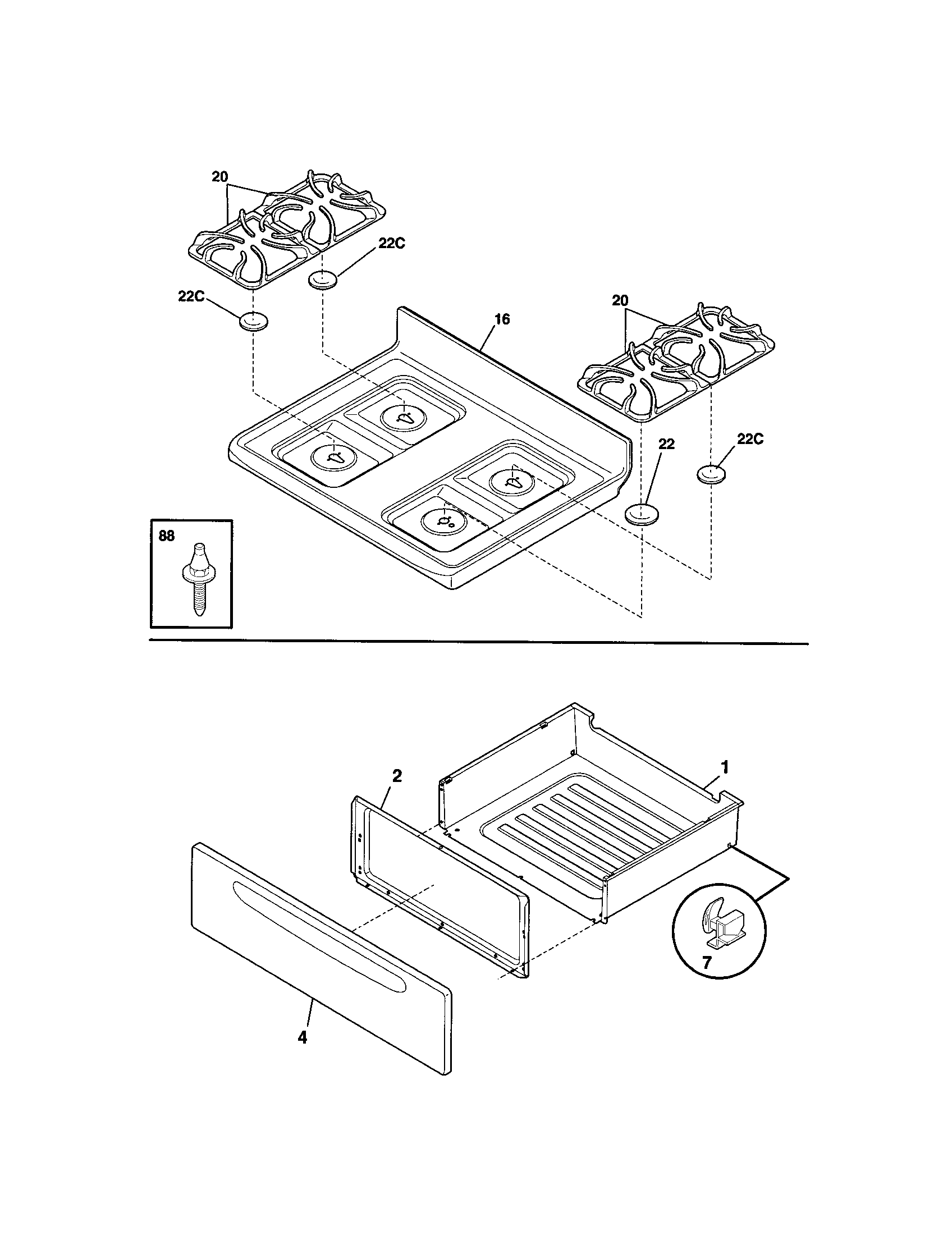 Frigidaire FGF366ASB top/drawer diagram
