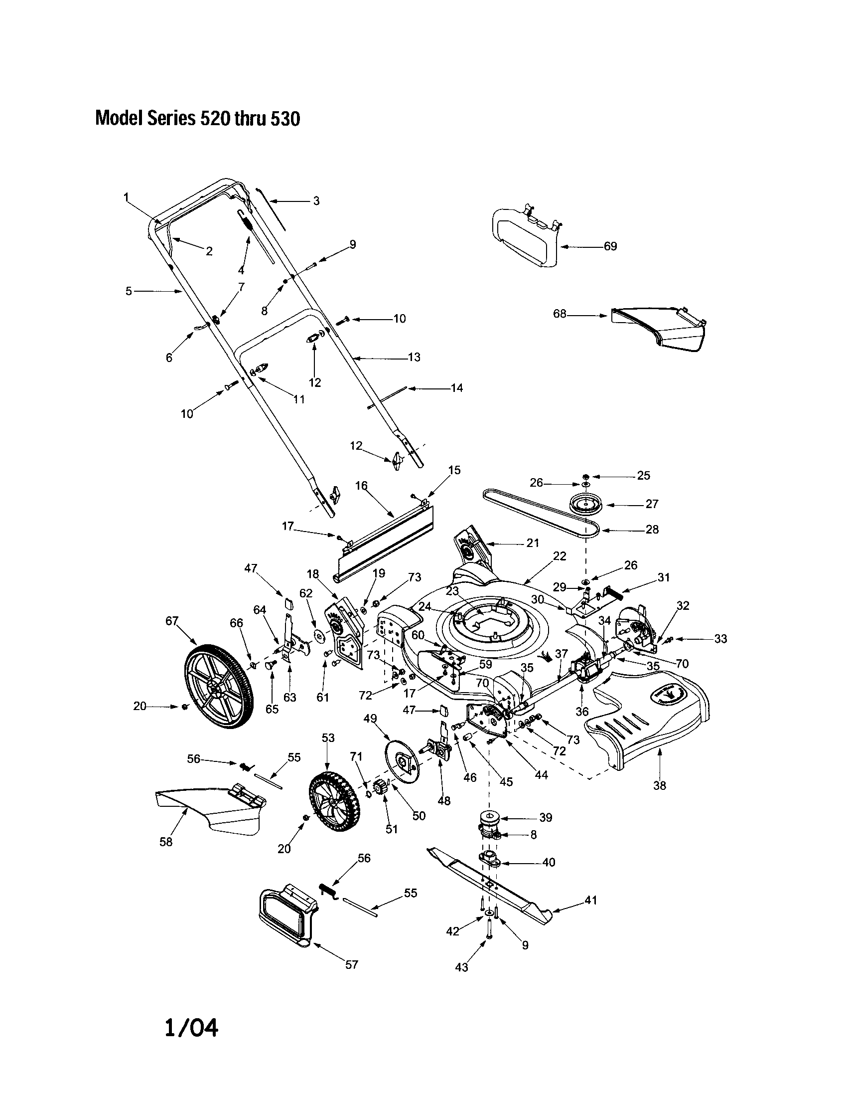 MTD 12A-529N062 housing/handle/wheels/chute diagram