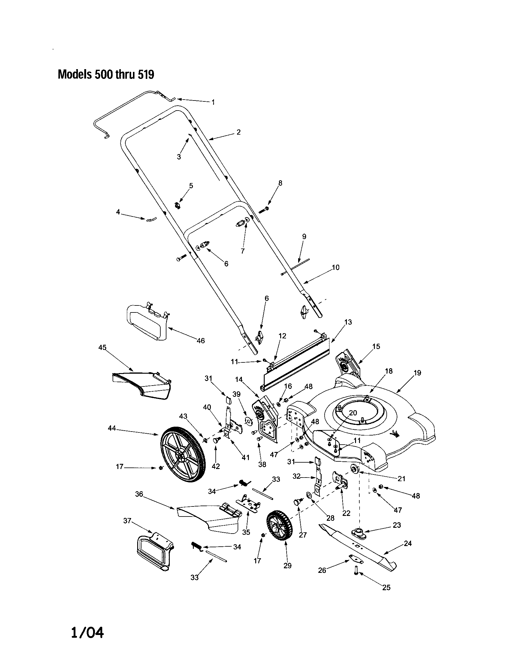 MTD 500 THRU 519 housing/handle/wheels/chute/blade diagram