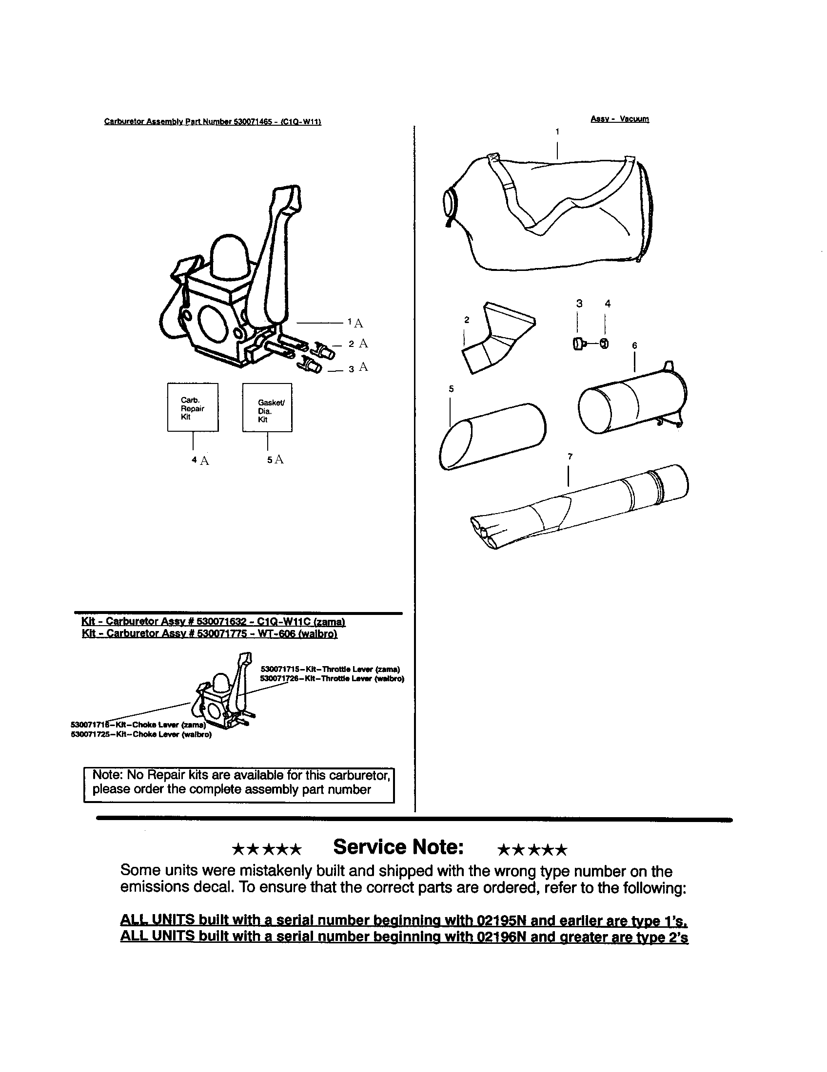 Weed Eater BV200 TYPE 1 carburetor/vac bag/service note diagram