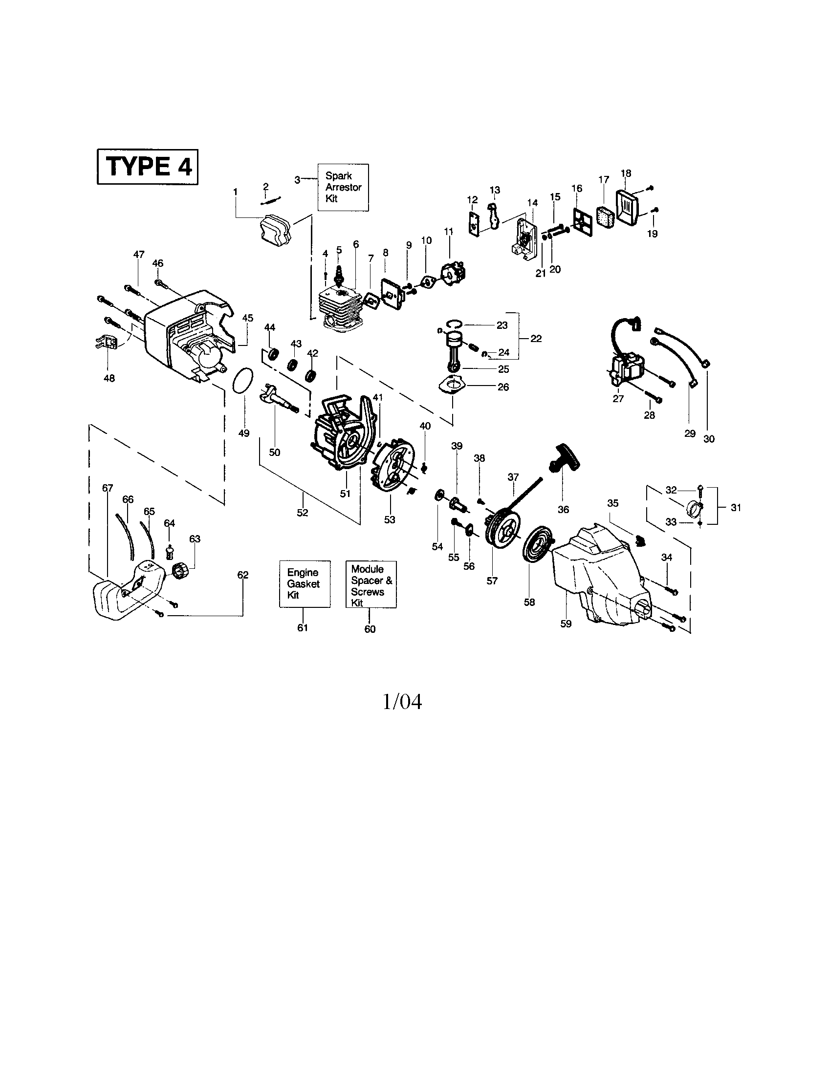 Weed Eater FEATHERLITE TYPE 4 cylinder/crankcase/crankshaft diagram