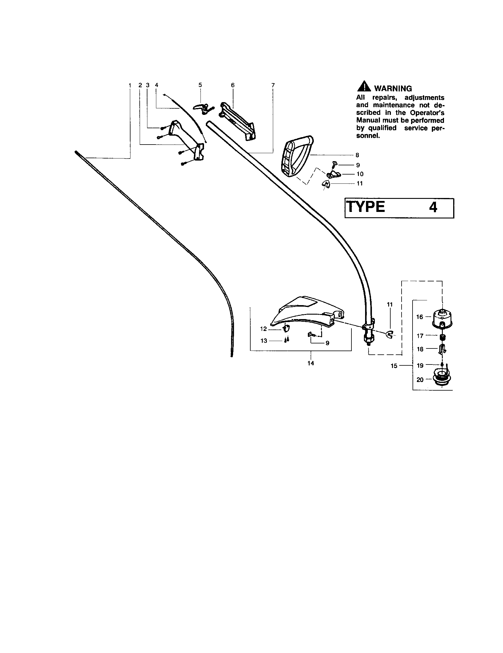 Weed Eater FEATHERLITE TYPE 4 driveshaft/handle/shield diagram