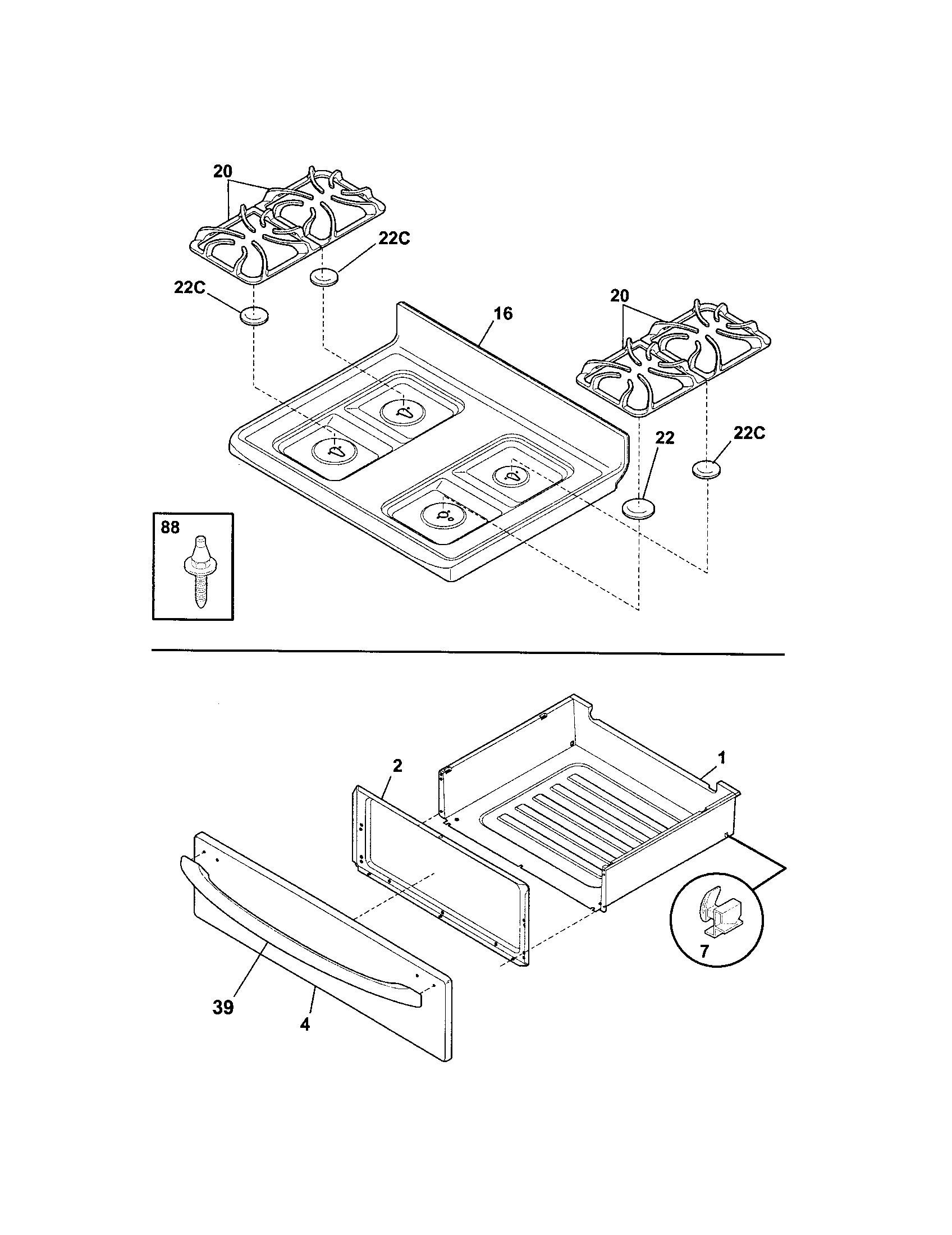 Frigidaire FGF366CCC top/drawer diagram