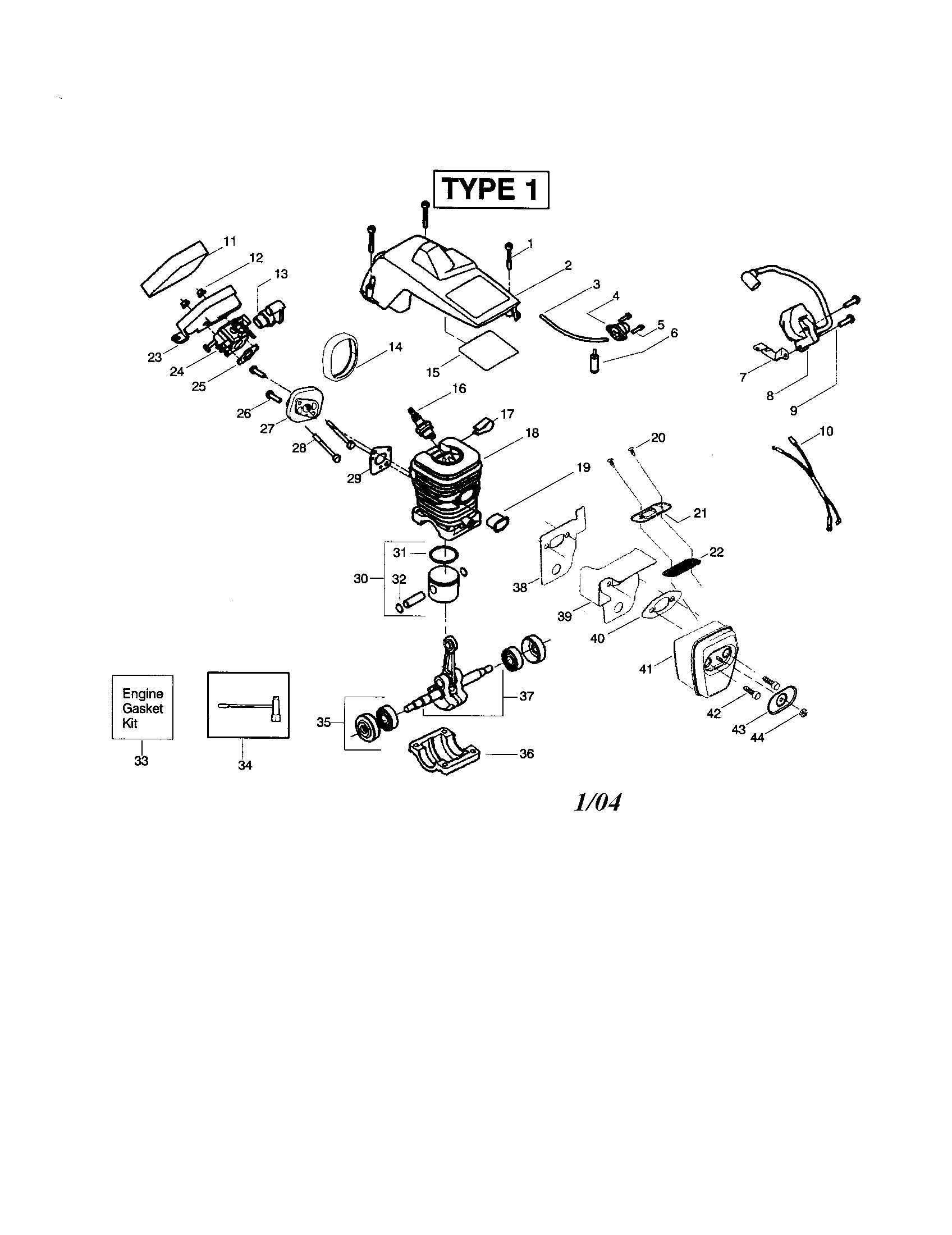 Poulan 221LE TYPE 1 crankshaft/shield/cylinder diagram