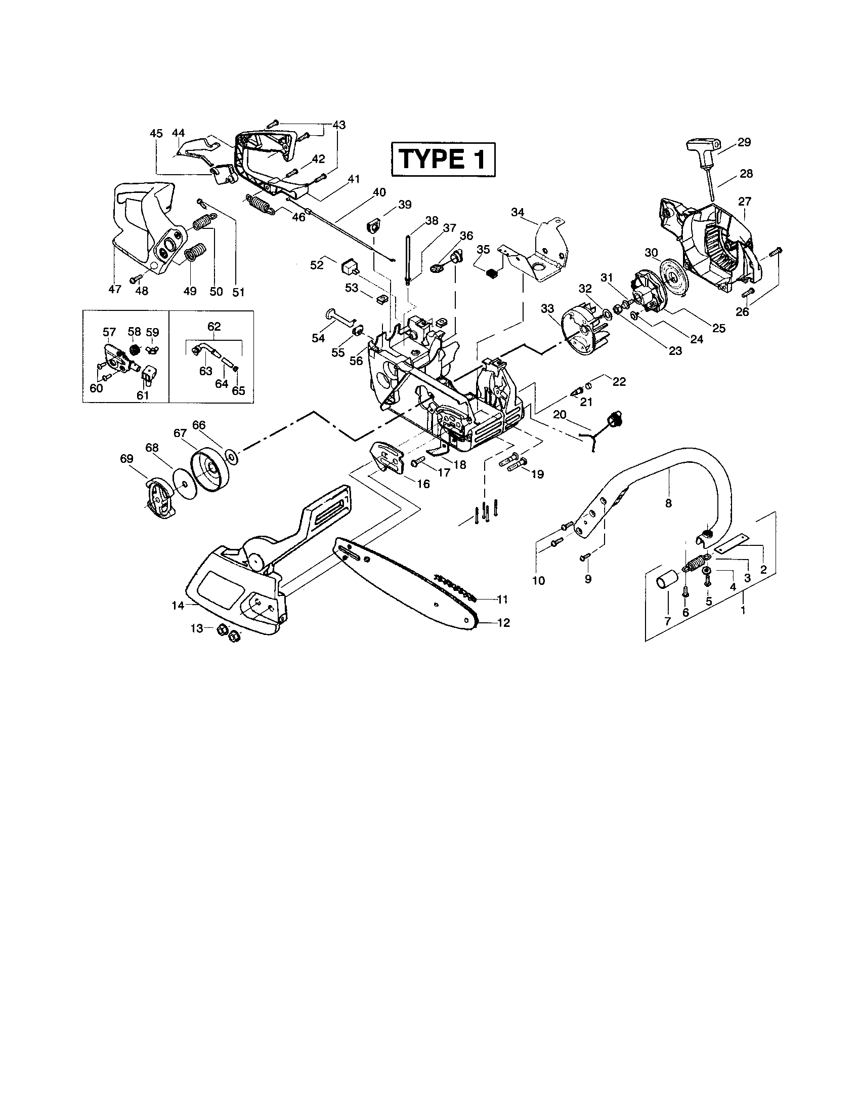 Poulan 221LE TYPE 1 chain/bar/chassis/handle diagram