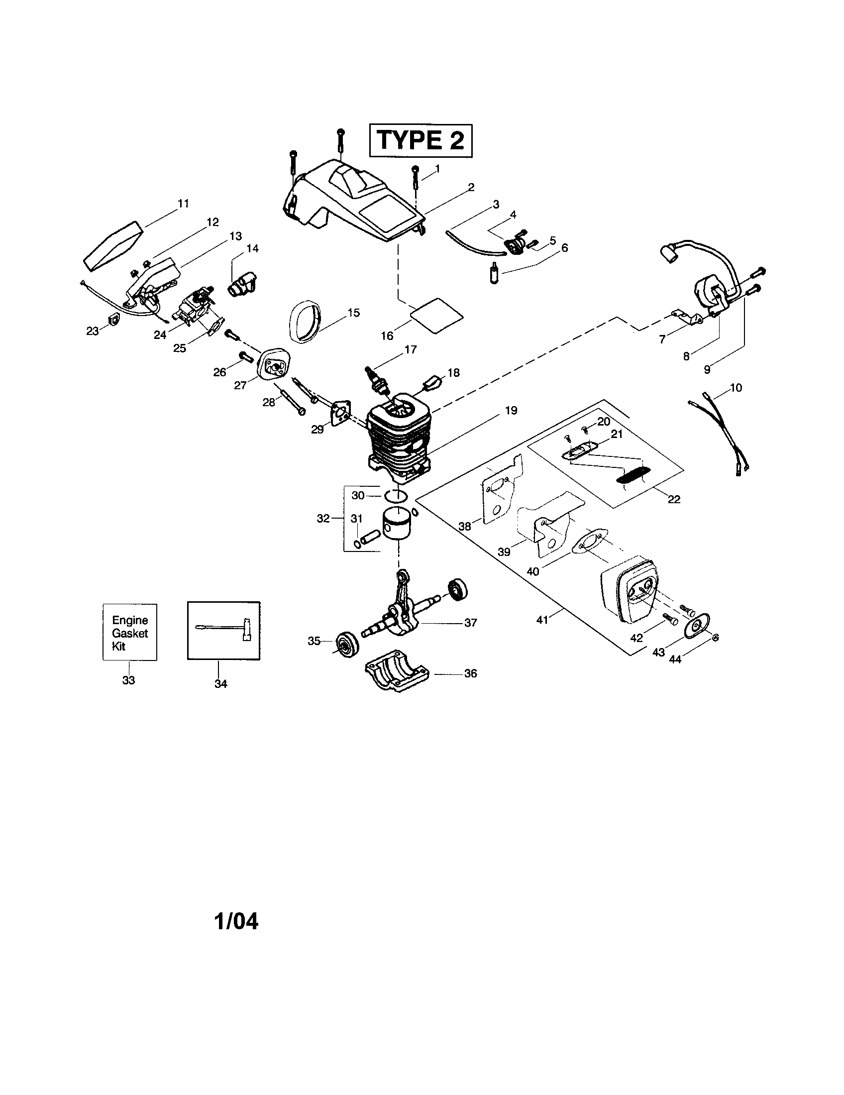Poulan 221LE TYPE 2 crankshaft/shield/cylinder diagram