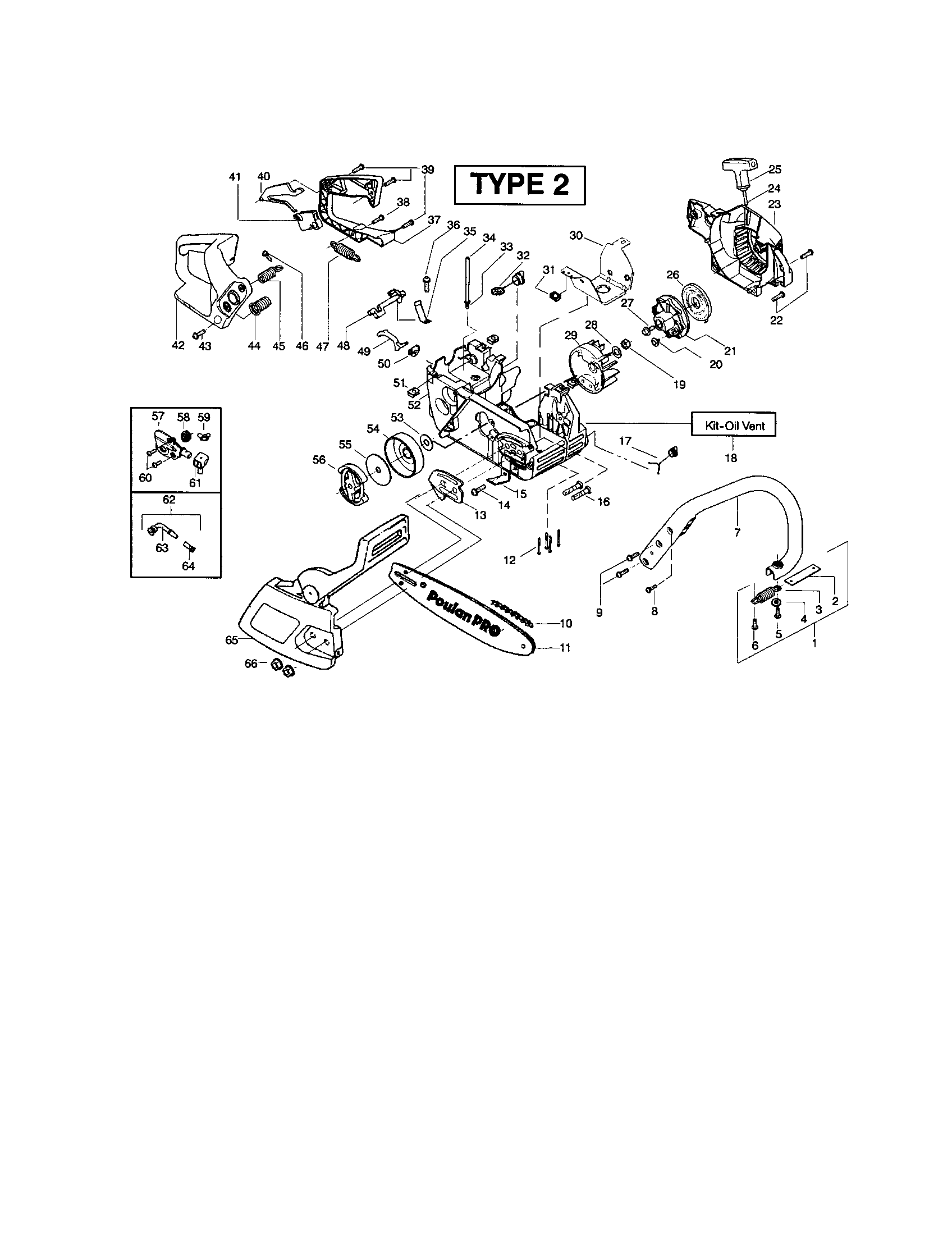Poulan 221LE TYPE 2 chain/bar/chassis/handle diagram