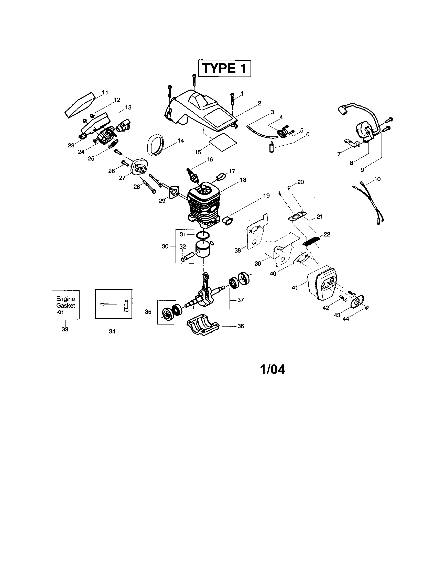Poulan 260 LE TYPE 1 cylinder/crankshaft/shield diagram