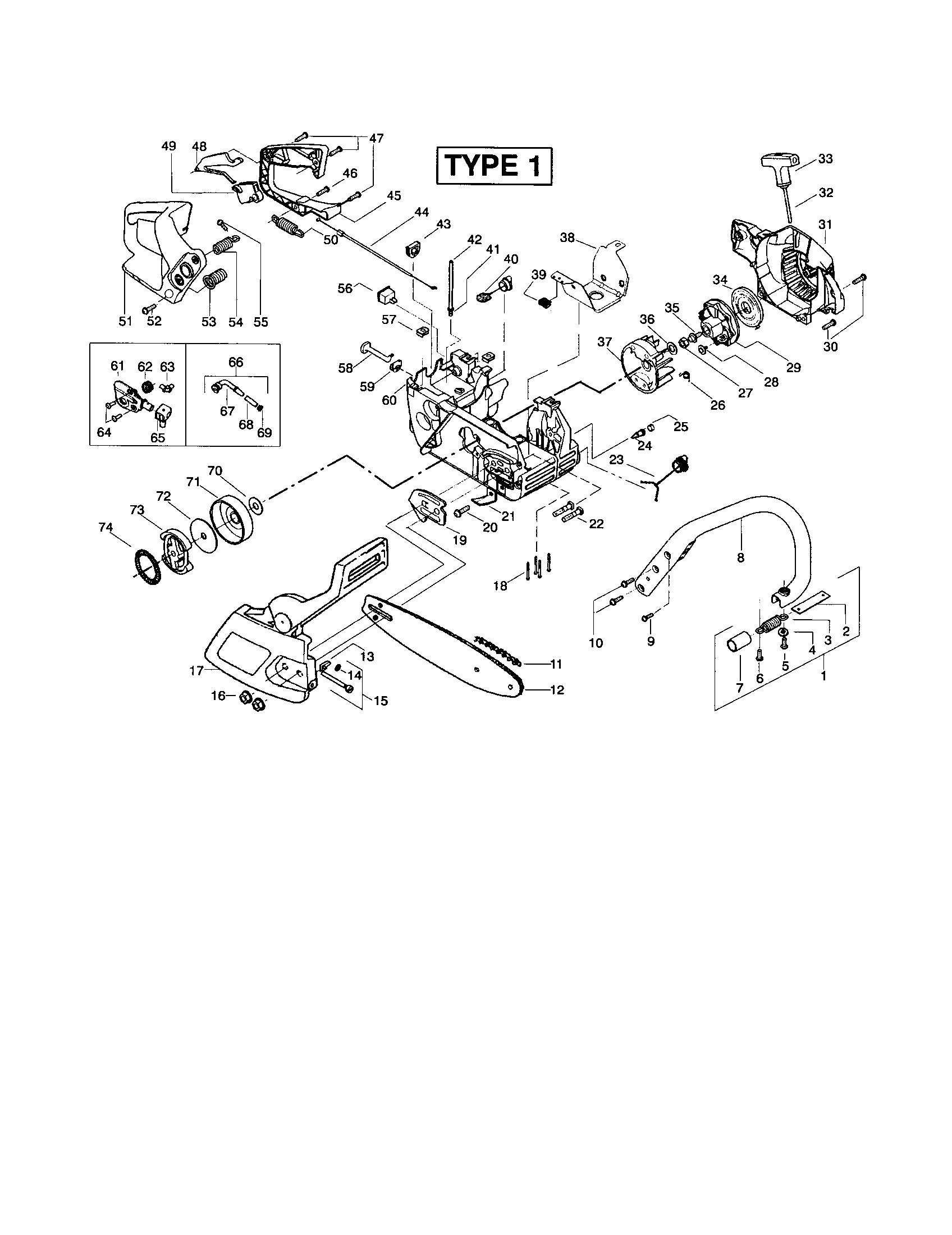 Poulan 260 LE TYPE 1 chassis/bar/chain/handle diagram