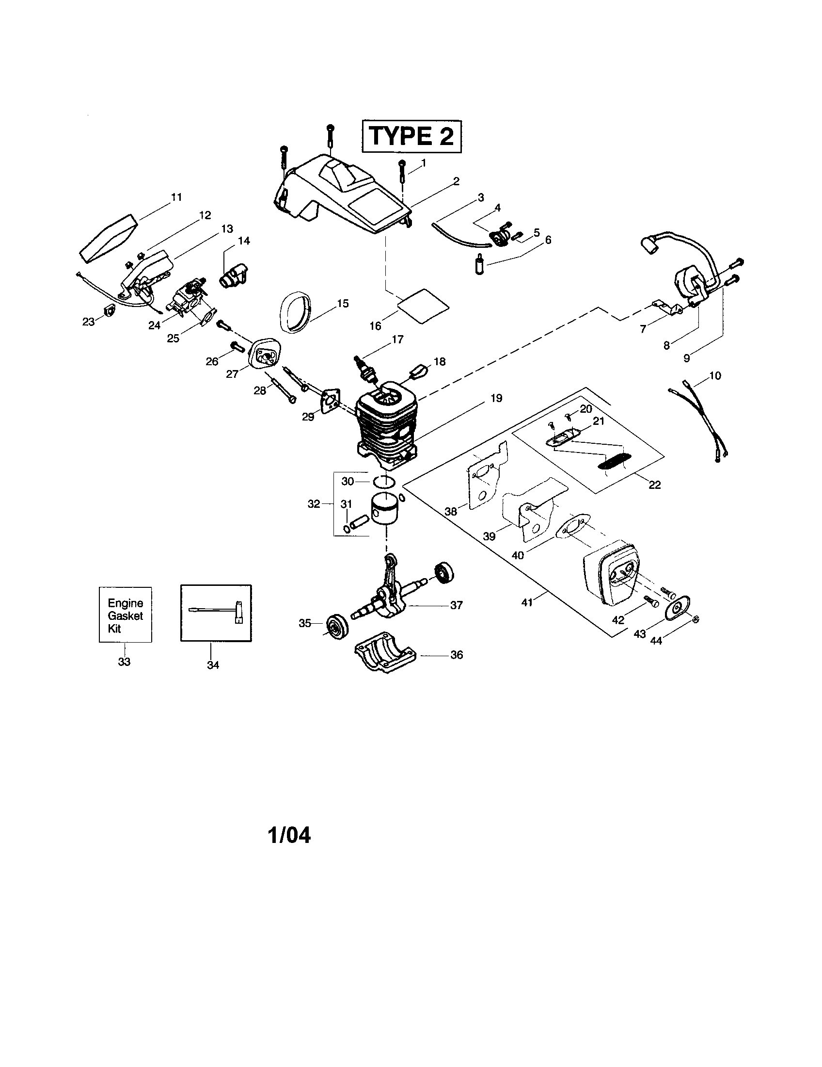 Poulan 260 LE TYPE 2 cylinder/shield/crankshaft diagram