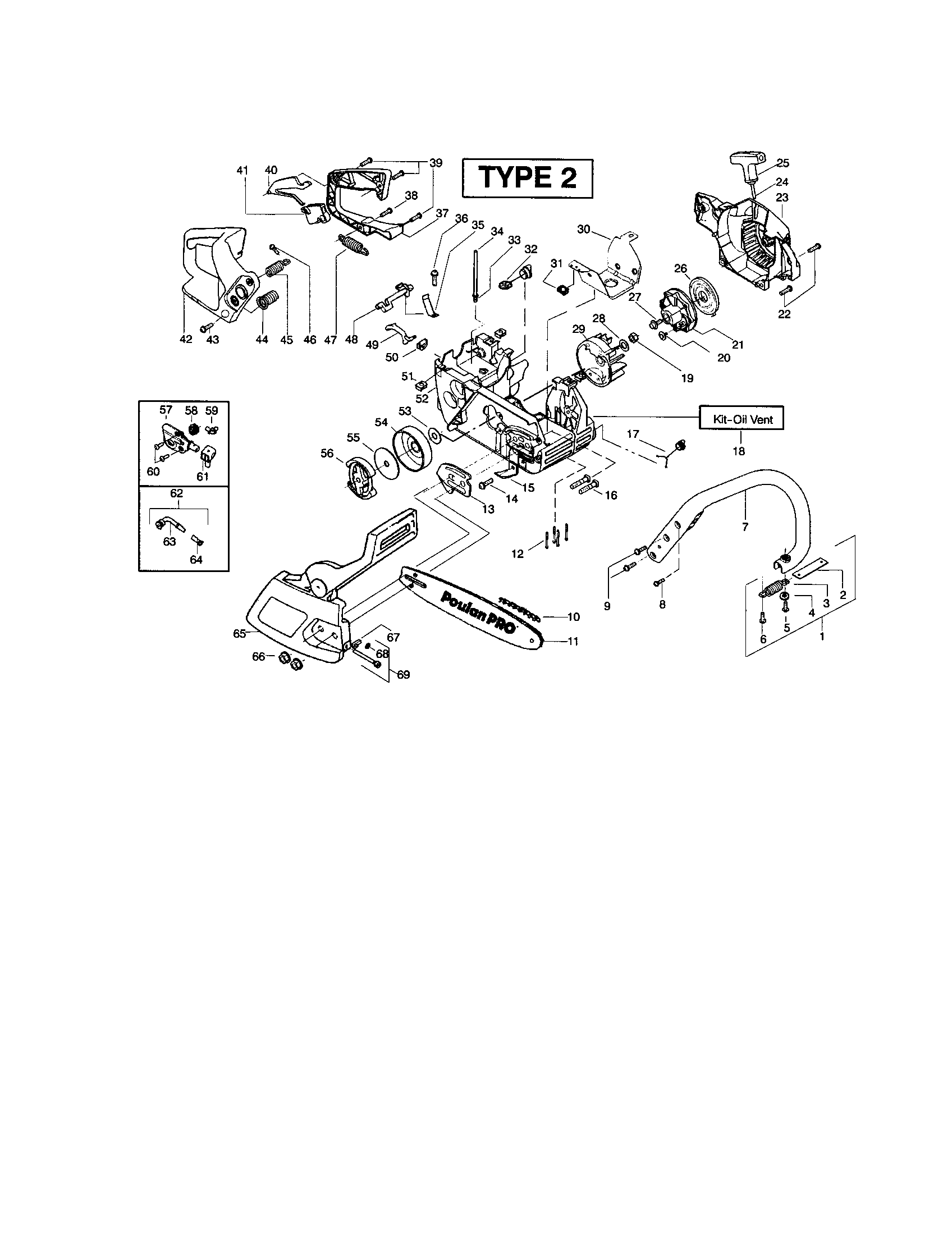 Poulan 260 LE TYPE 2 chassis/chain/bar/handle diagram