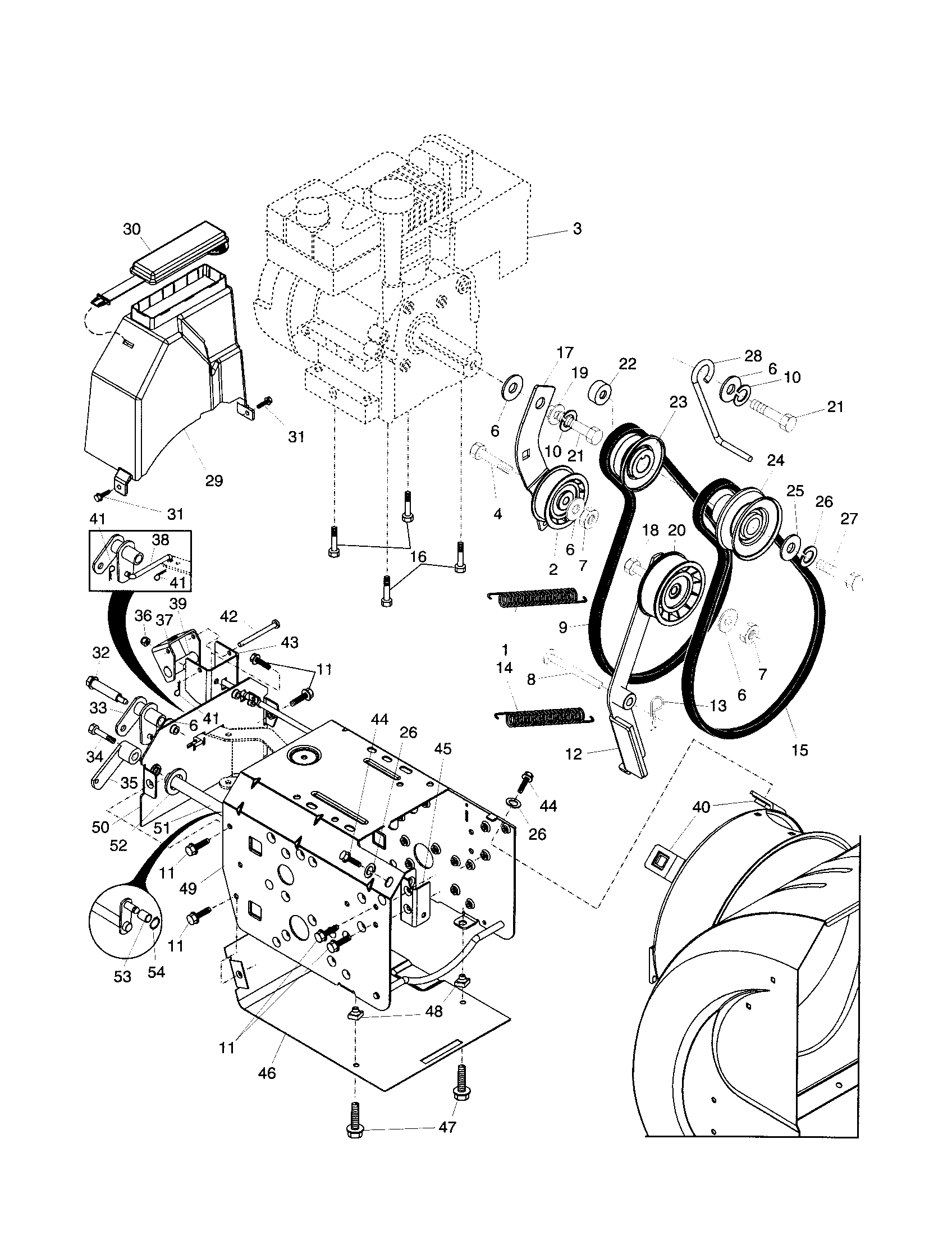 Poulan PP927ESB chassis/engine/pulleys diagram
