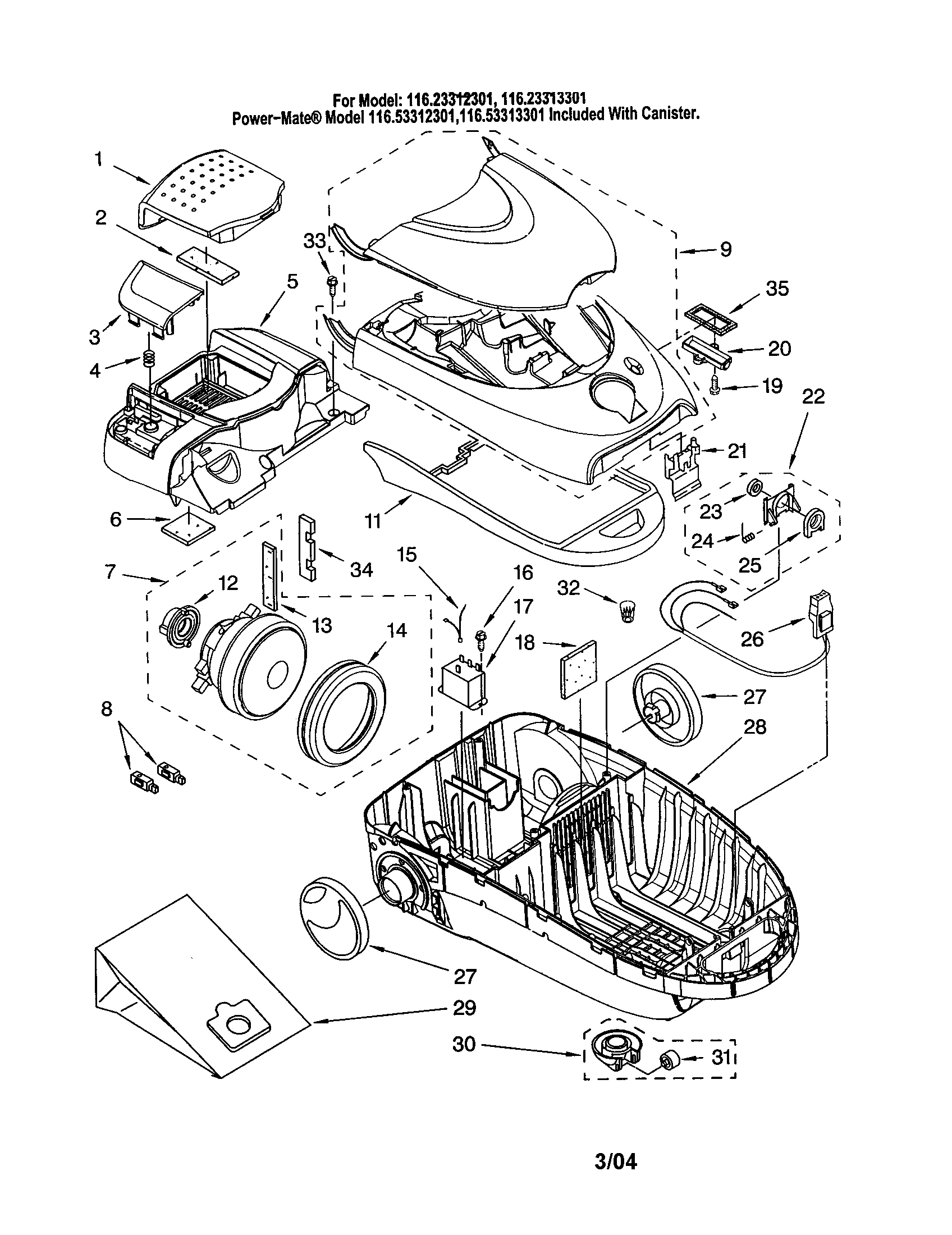 Kenmore 11623313301 canopy and bag diagram