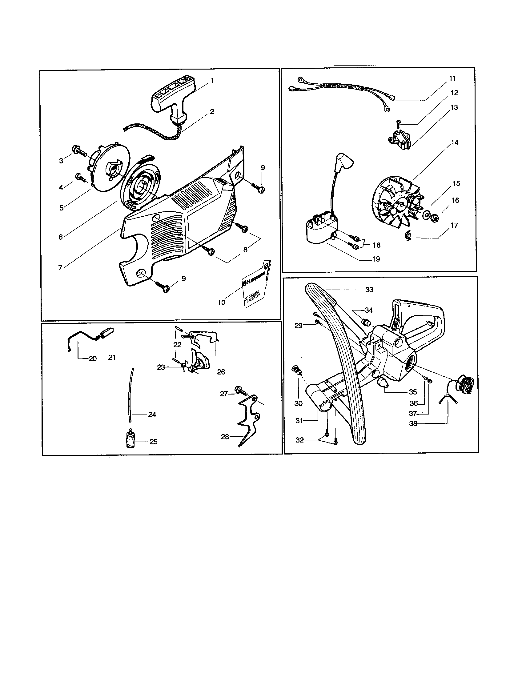Husqvarna 141 fan housing/flywheel/starter handle diagram