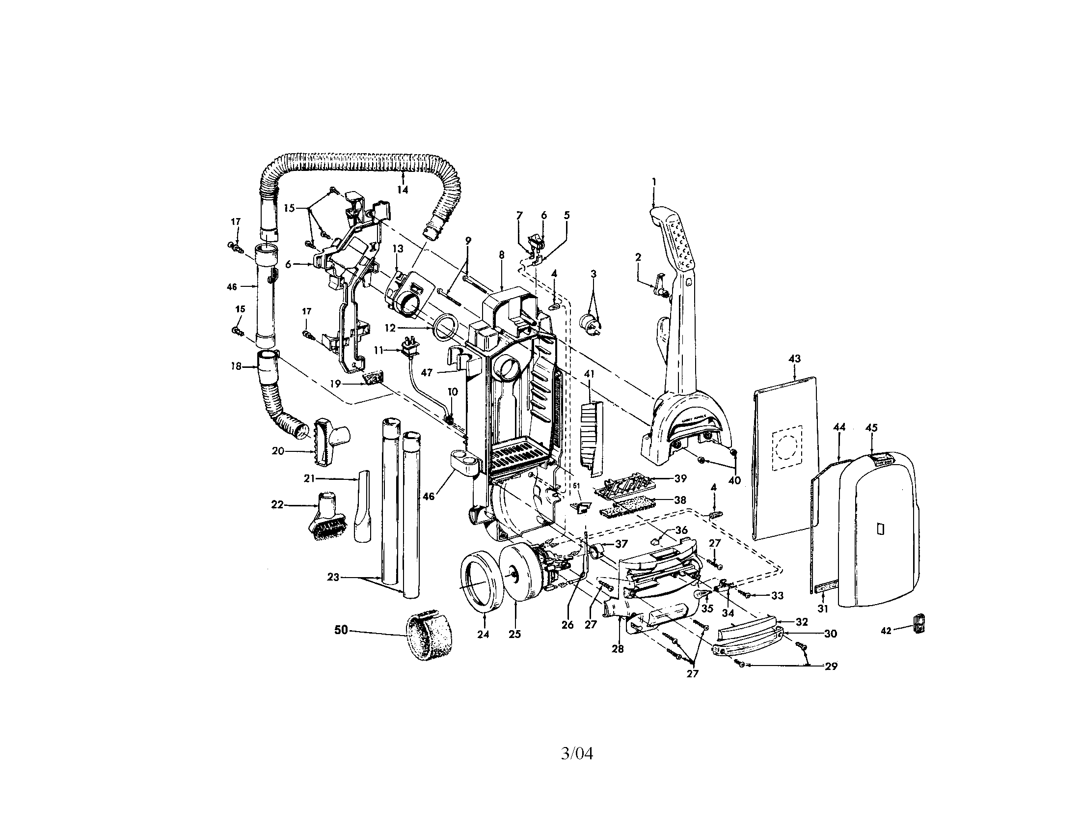 Hoover C1712-900 bag housing/handle/hose diagram