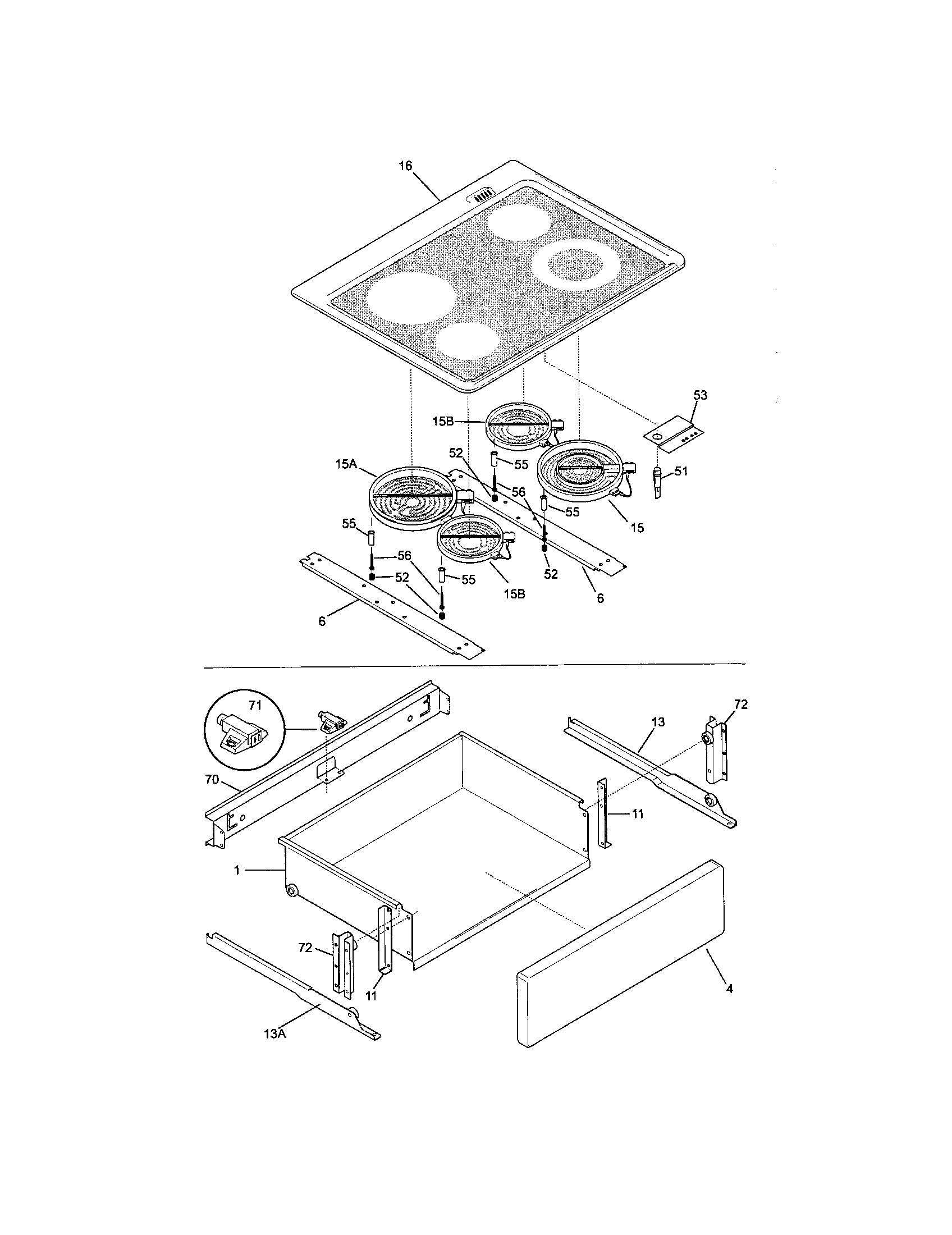 Frigidaire FES367AQG top/drawer diagram