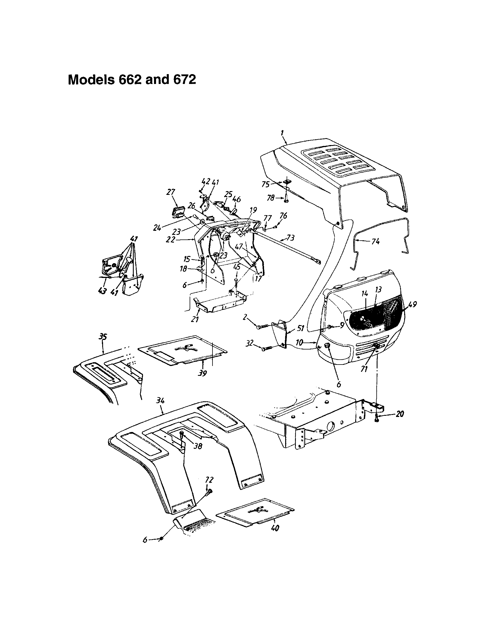 MTD 660 THRU 679 hood - model 662 and 672 diagram